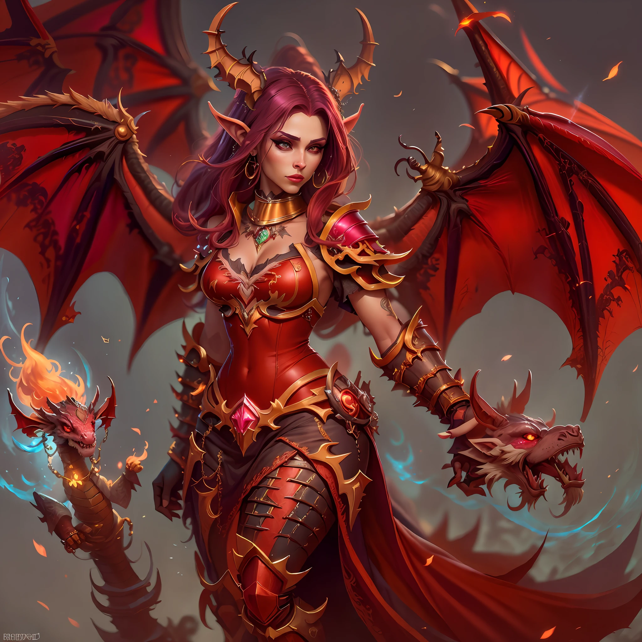 "Dragoned, Mundo de Warcraft, Flight of the Dragon, Alexstrasza, ultra detalhado, 8k, vivid, atmosfera quente, vermelho vivo, Dragon armor, garota sexy."
