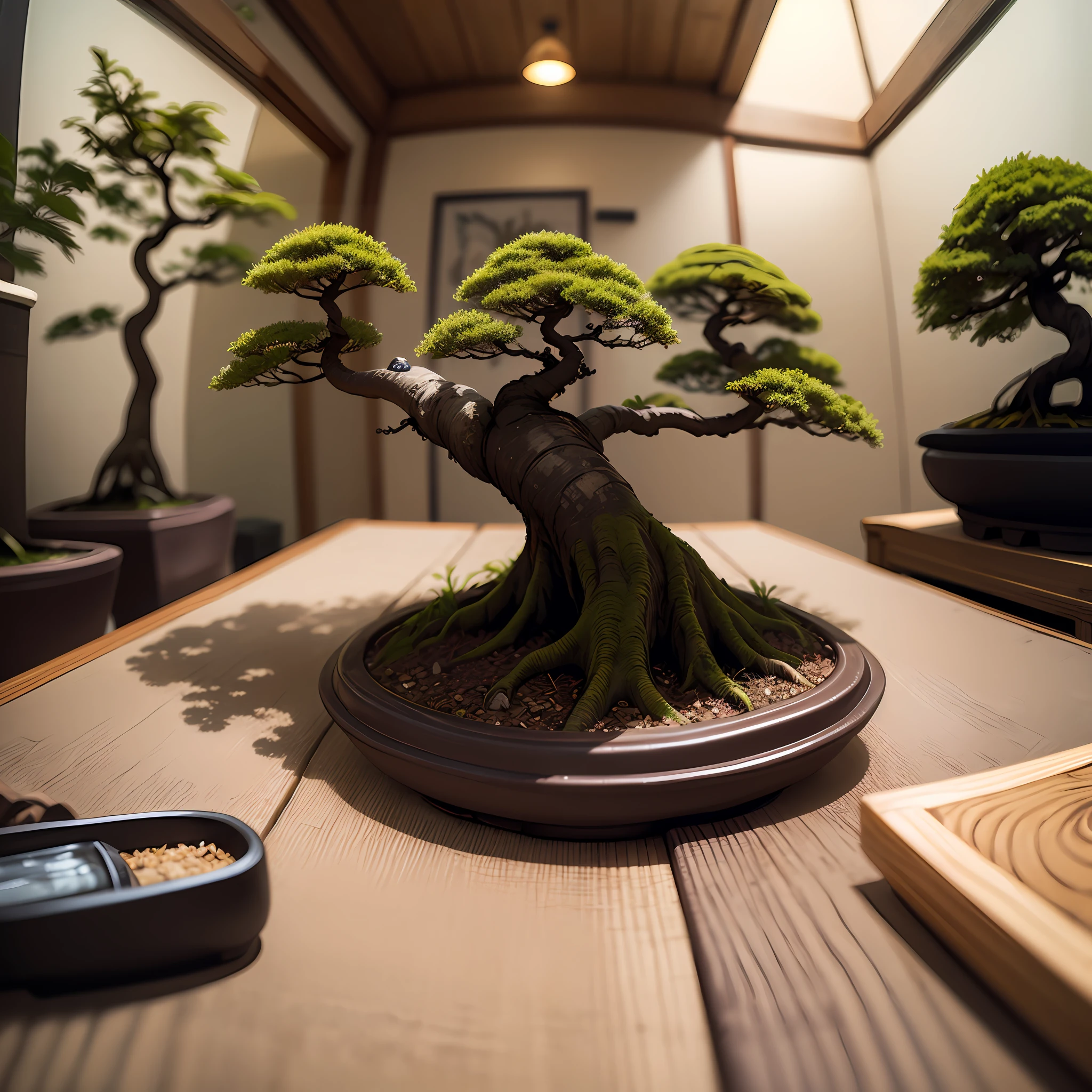 foto de um velho em uma varanda estilizado um bonsai, looking-into-camera --auto