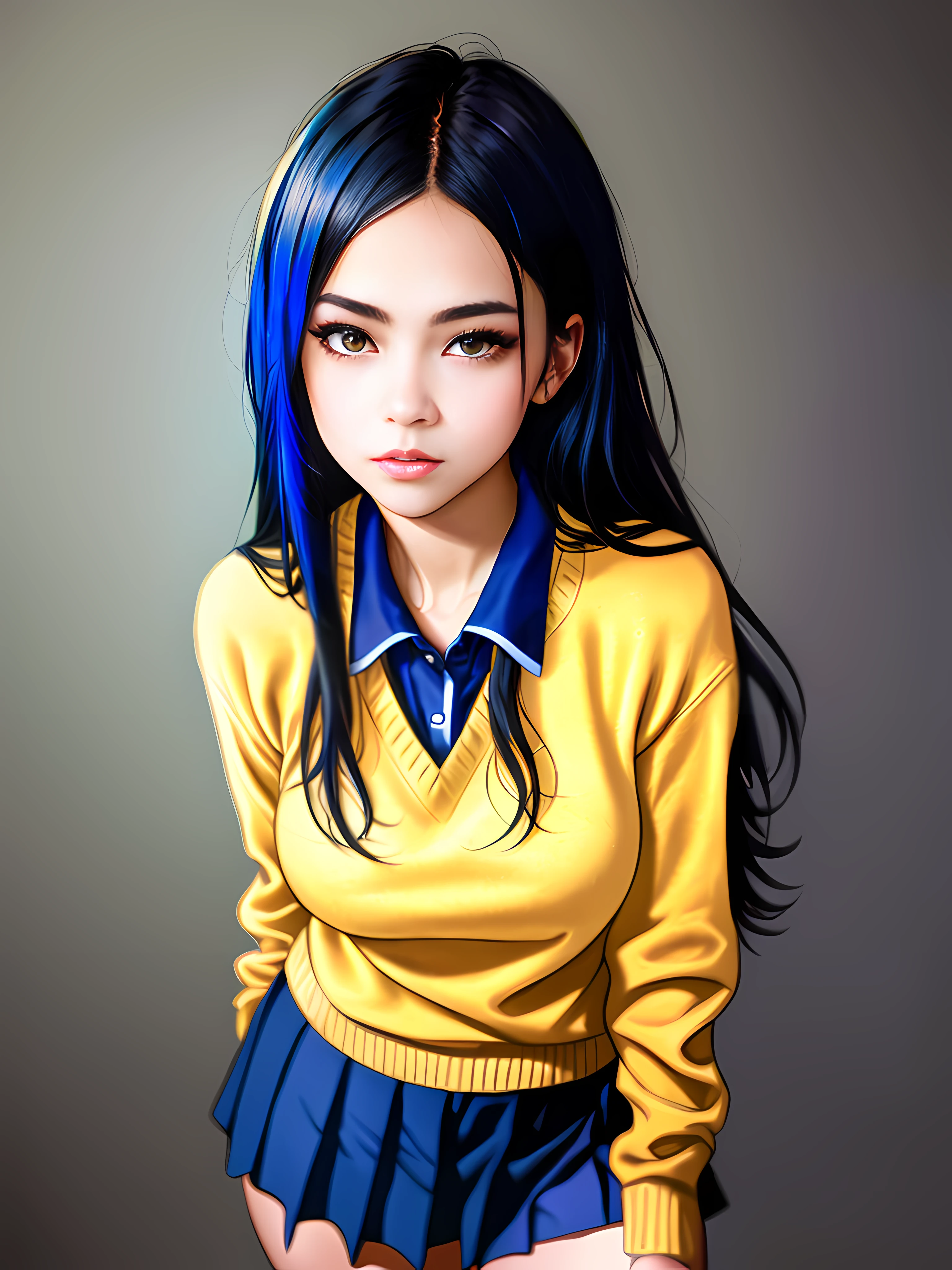 focusing area: dynamic point (21 points), general planes, a photorealistic full body portrait of a stunningly beautiful student girl without make-up, 17 years old, /(long black hair with blue tips, triangular face, perfect yellow eyes, shapely legs, hourglass body, sexi,), /(school uniform: Yellow sweater, white blouse, dark blue miniskirt, dark blue socks,) extremely detailed light hazel eyes, detailed symmetric realistic face, extremely detailed natural skin texture, peach fuzz, masterpiece, absurdres, nikon d850 film stock photograph, kodak portra 400 camera f1.6 lens, extremely detailed, amazing, fine detail, rich colors, hyper realistic lifelike texture, dramatic lighting, unrealengine, cinestill 800 tungsten, looking at the viewer, photo realistic, raw photo, high quality, highres, sharp focus, extremely detailed, cinematic lighting, 8k uhd