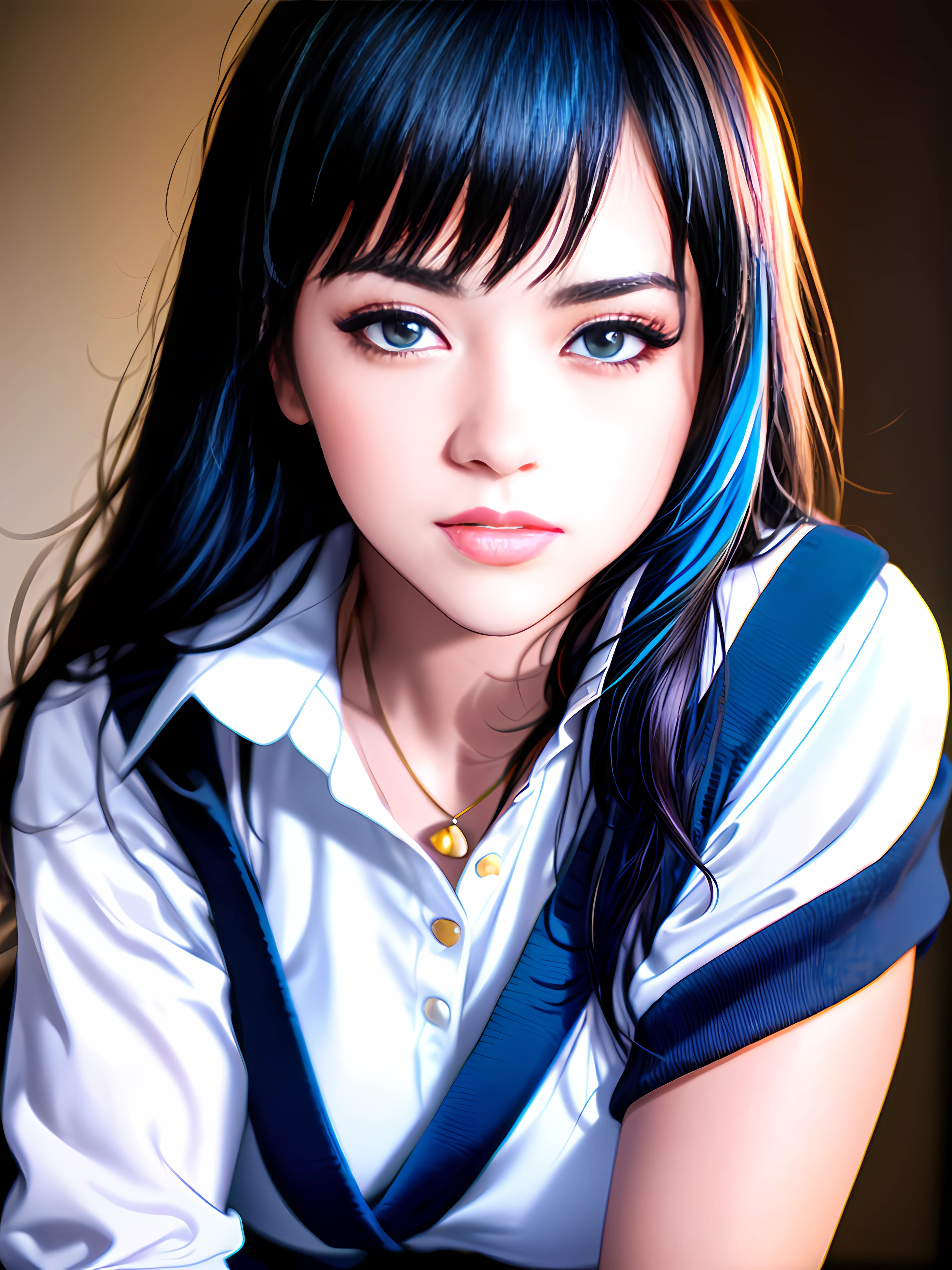 focusing area: dynamic point (21 points), general planes, a photorealistic full body portrait of a stunningly beautiful student girl without make-up, 17 years old, /(long black hair with blue tips, triangular face, perfect yellow eyes, shapely legs, hourglass body, sexi,), /(school uniform: Yellow sweater, white blouse, dark blue miniskirt, dark blue socks,) extremely detailed light hazel eyes, detailed symmetric realistic face, extremely detailed natural skin texture, peach fuzz, masterpiece, absurdres, nikon d850 film stock photograph, kodak portra 400 camera f1.6 lens, extremely detailed, amazing, fine detail, rich colors, hyper realistic lifelike texture, dramatic lighting, unrealengine, cinestill 800 tungsten, looking at the viewer, photo realistic, raw photo, high quality, highres, sharp focus, extremely detailed, cinematic lighting, 8k uhd
