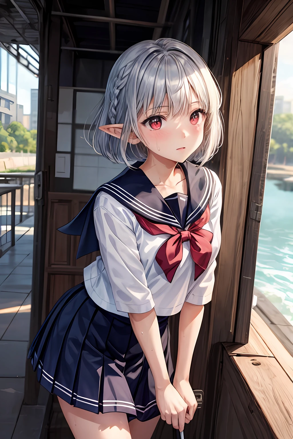 1 girls, elf, silver hair, red eyes, bob cut, braid, lily, Blush, school uniform, sailor suit, Medium breasts, concept art, beautiful anime scene, beautiful anime scenery, sweat, best quality, 4K