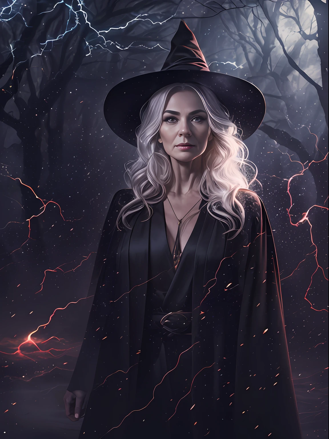 RAW photo, one person, skin invisible, full body photo of 60 year old woman, witch, Sensual beautiful woman with round cheeks, realistic facial expression, pale skin, wavy white hair, long hair, witch hat, white skin, slender body, wearing full body black robe with rich decoration, confident expression, (magic mysterious background, lightning, glowing particles, ethereal fog, faint darkness), high saturation, film light, rim light, best shadows, pointing here, background is urban ruins, (very detailed skin: 1.2), 8k UHD, DSLR, soft lighting, high quality, film particles, fujifilm XT3