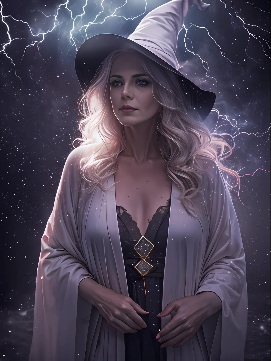 RAW photo, one person, skin invisible, full body photo of 60 year old woman, witch, Sensual beautiful woman with round cheeks, realistic facial expression, pale skin, wavy white hair, long hair, witch hat, white skin, slender body, wearing full body black robe with rich decoration, confident expression, (magic mysterious background, lightning, glowing particles, ethereal fog, faint darkness), high saturation, film light, rim light, best shadows, pointing here, background is urban ruins, (very detailed skin: 1.2), 8k UHD, DSLR, soft lighting, high quality, film particles, fujifilm XT3