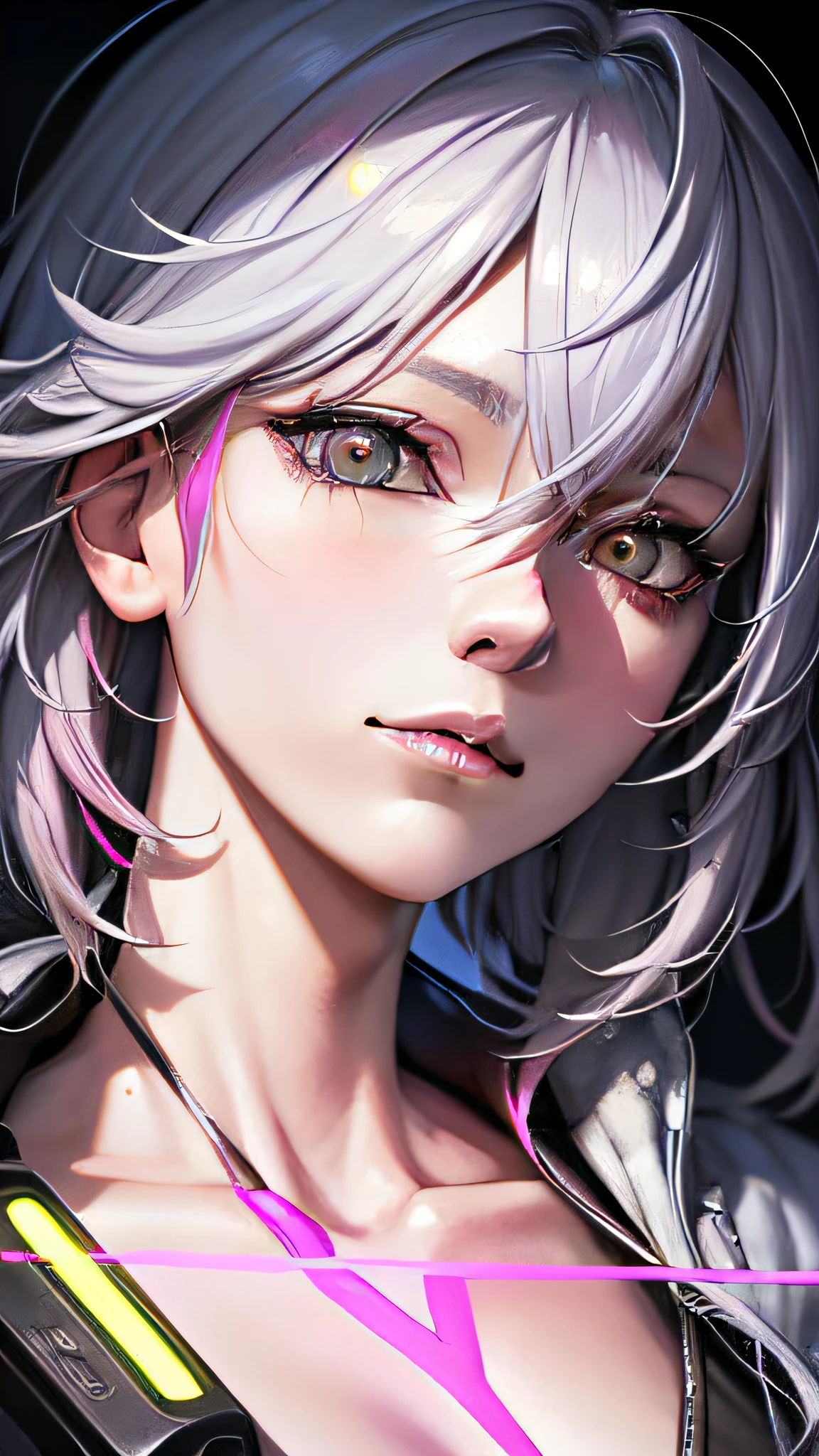 a japanese girl, Realistic, Light pink and yellow, charming character illustrations, Yellow, black and pink, Cyberpunk, Look down diagonally to the right, Icy stare, striated hair, multicolored hair, Silver hair, Pink hair, Empty eyes, makeup, Crazy, scowl, Jitome, Digital Art, surrealism, high detailing, Cubist Futurism, A futuristic, Realism, Glowing light, high detailing, Cubist Futurism, emphasis lines, NIKON, close-up, Textured skin, high details, awardwinning, hight resolution, Best Quality, nffsw, retinas, masutepiece, ccurate, Anatomically correct, Textured skin, Super Detail, high details, High quality, awardwinning, Best Quality, hight resolution