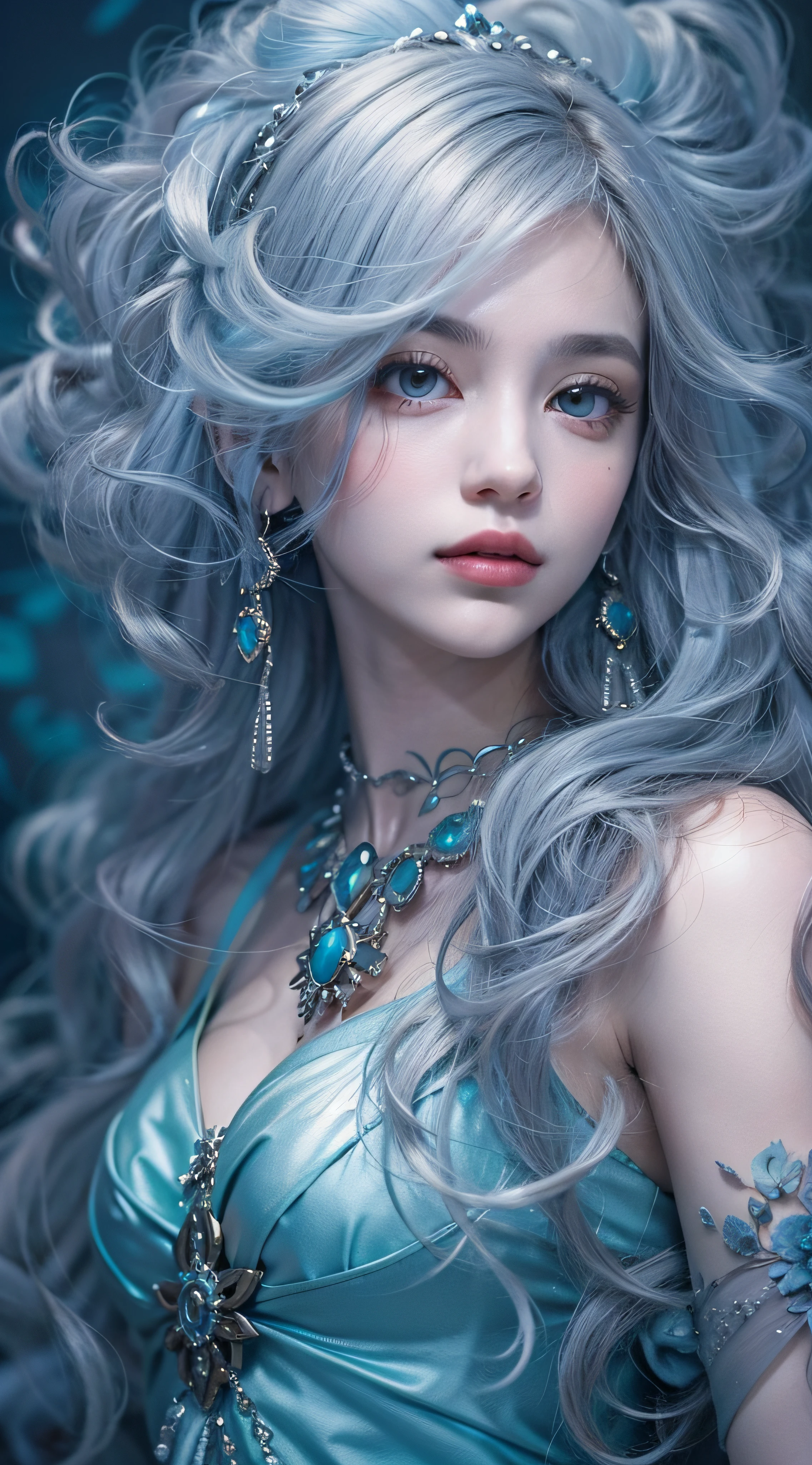 Uma jovem mulher com cabelos prateados, asas perfeitas, Estilo realista com toques de arte digital, predominance of silver tones, azul celeste e roxo escuro, vista de perfil em voo gracioso. Inspirado por Yuumei, Jasmine Becket-Griffith e Victoria Francés.