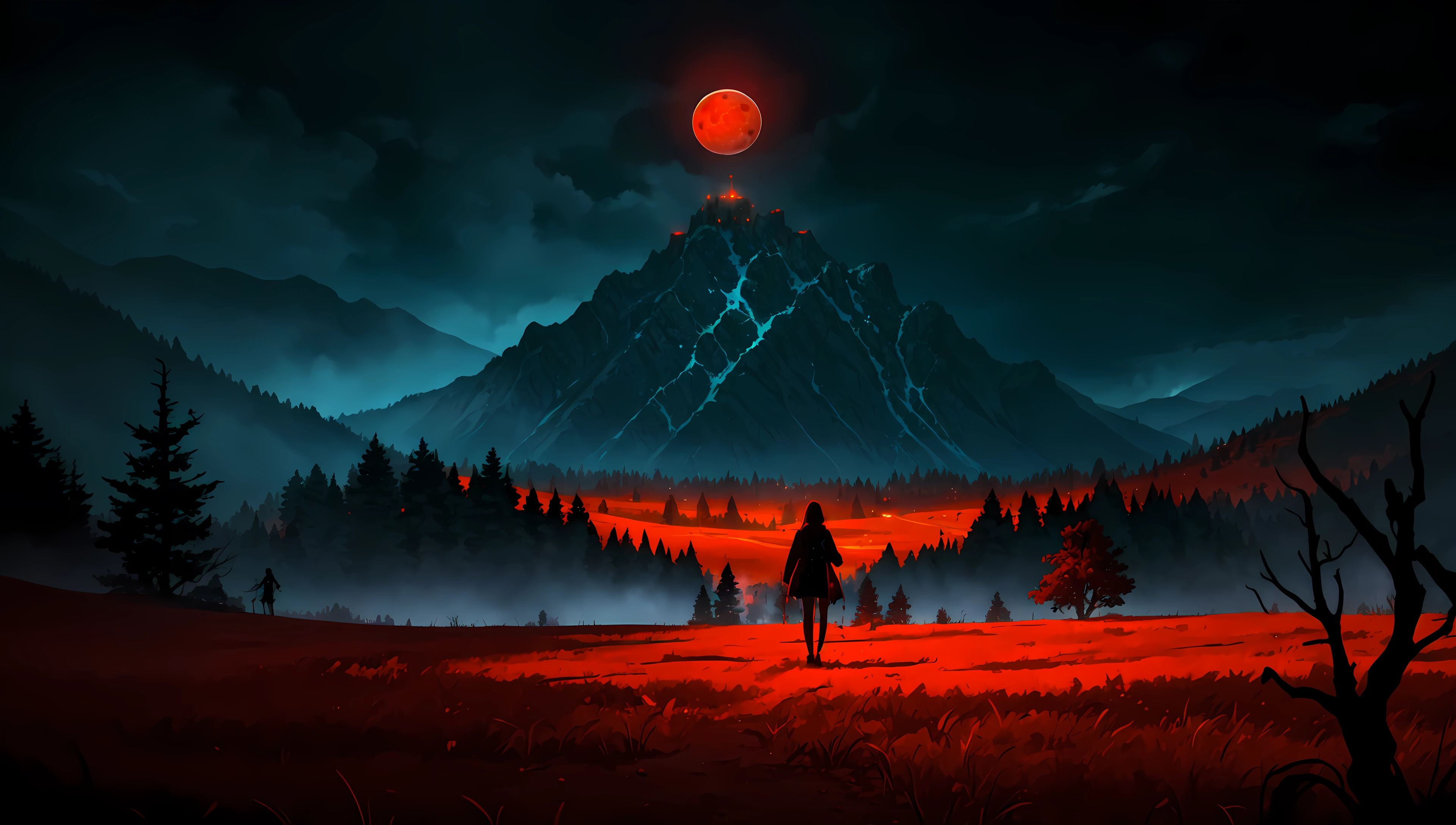 (masterpiece, best quality:1.4), cinematic light, colorful, high contrast, mountain, grass, tree, night, (horror \(theme\):1.2), (monster:1.2), dark, blood rain, blood river, blood moon