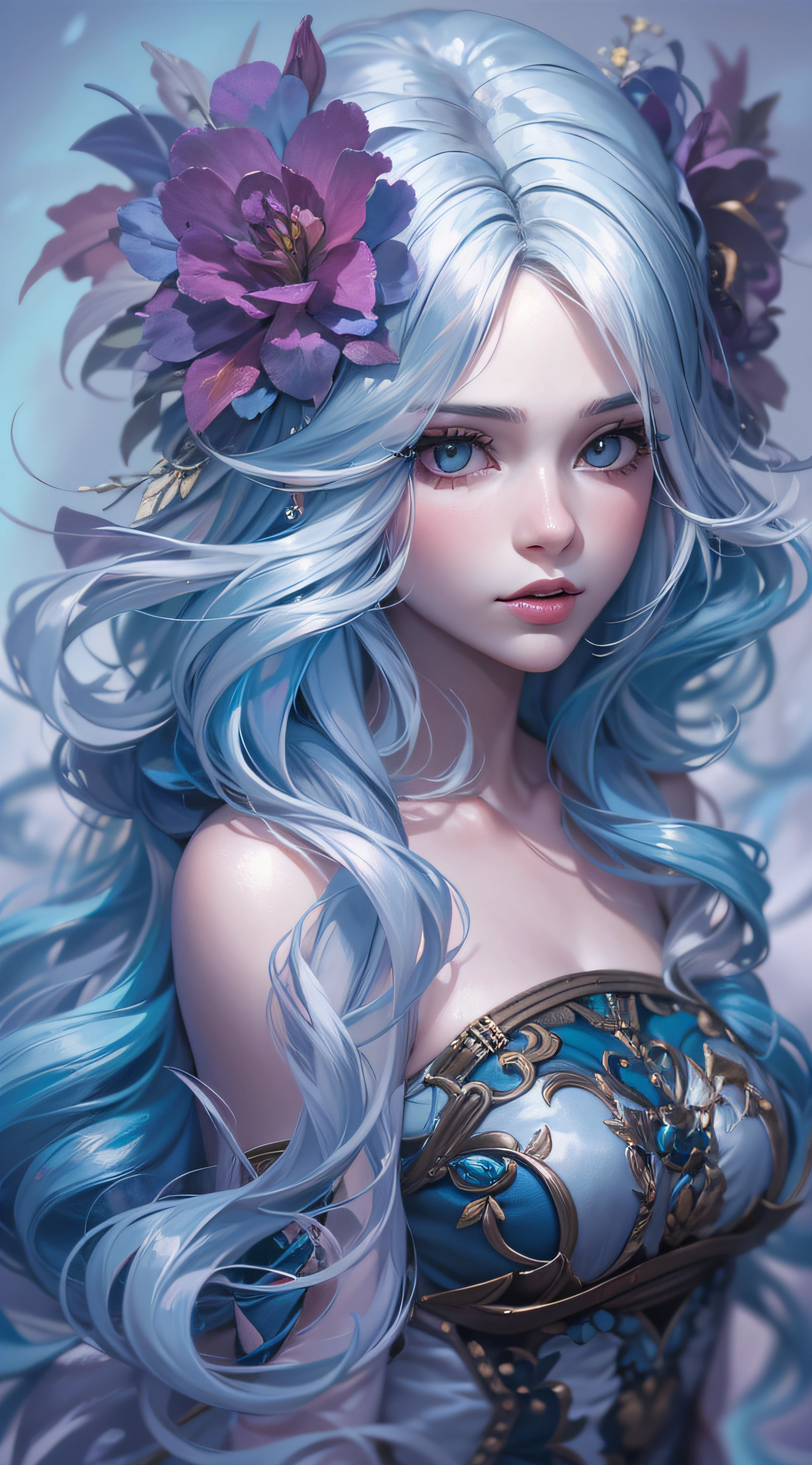 Uma jovem mulher com cabelos prateados, asas perfeitas, Estilo realista com toques de arte digital, predominance of silver tones, Azul celeste e vermelho escuro, vista de perfil em voo gracioso. Inspirado em Yuumei, Jasmine Becket-Griffith e Victoria Francés.