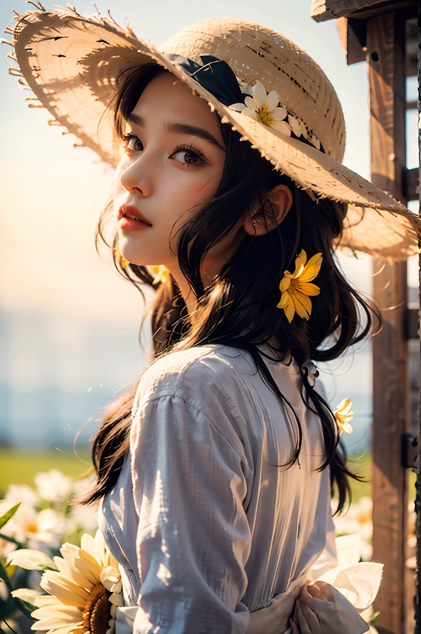 (Close-up: 1.5), (Facial Focus: 2),
((sides: 2)), (1 girl surrounded by soft_light:1.5), (backlight: 1.8), (lighting), (flowing fabric: 1.3), (Floral_summer_dress:1.5), (Straw_hat:1.3)),
(masterpiece), realistic, HDR, highly detailed, 8k, original photo,
Ambient occlusion, nature, harmonious composition, warm colors, fine art photography,