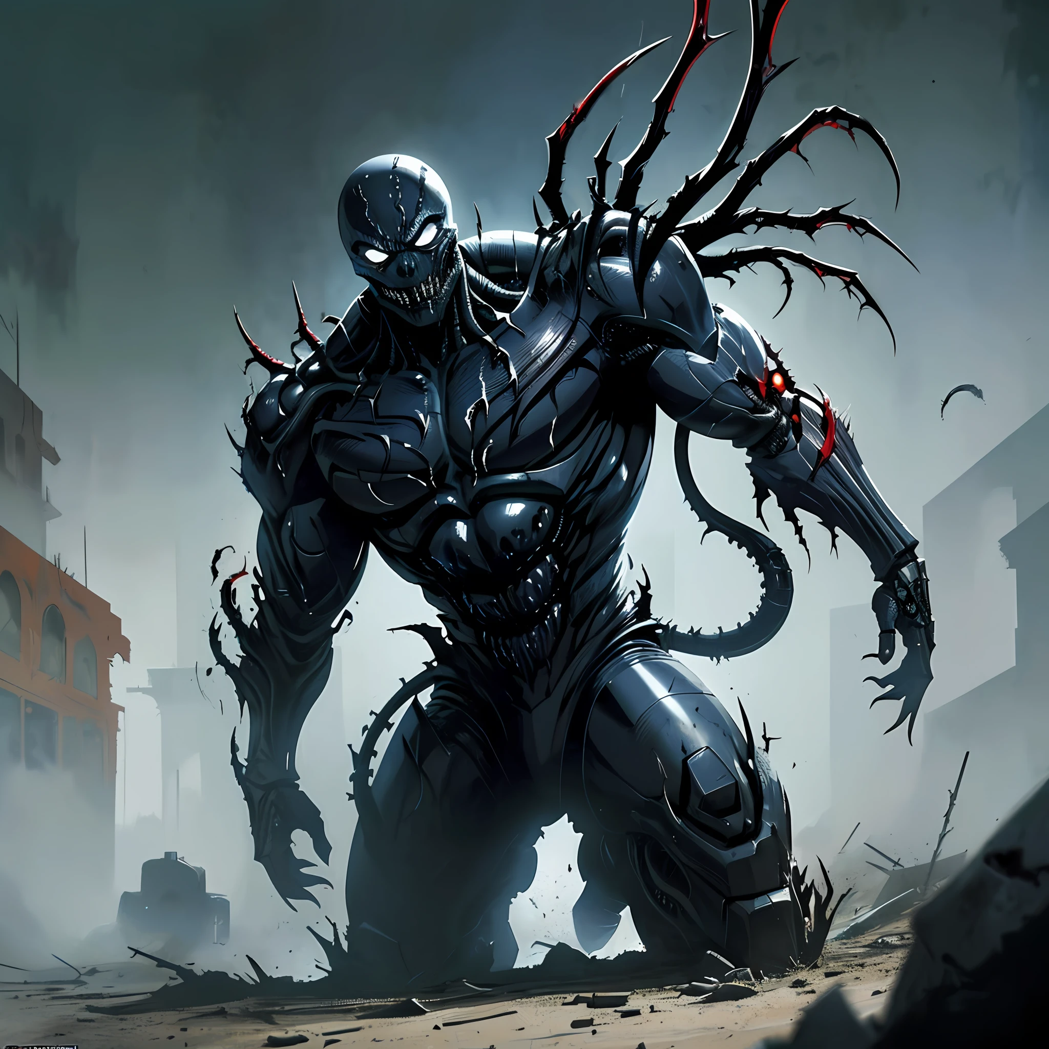 Sinister-looking Cyborg Demon Spawn infected with Venom Symbiote, inspired by Todd McFarlane's artwork, capturing the dark and gritty ambiance of Image Comics and DC Comics. Action-packed shot set in a battlefield, portraying a terrifying and villainous presence. Single character full body render, masterpiece