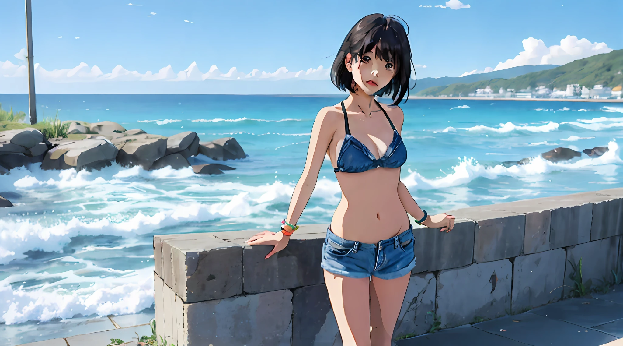 A dark-haired、short-cut、Denim shorts、Bikini swimwear、girl with、animesque、