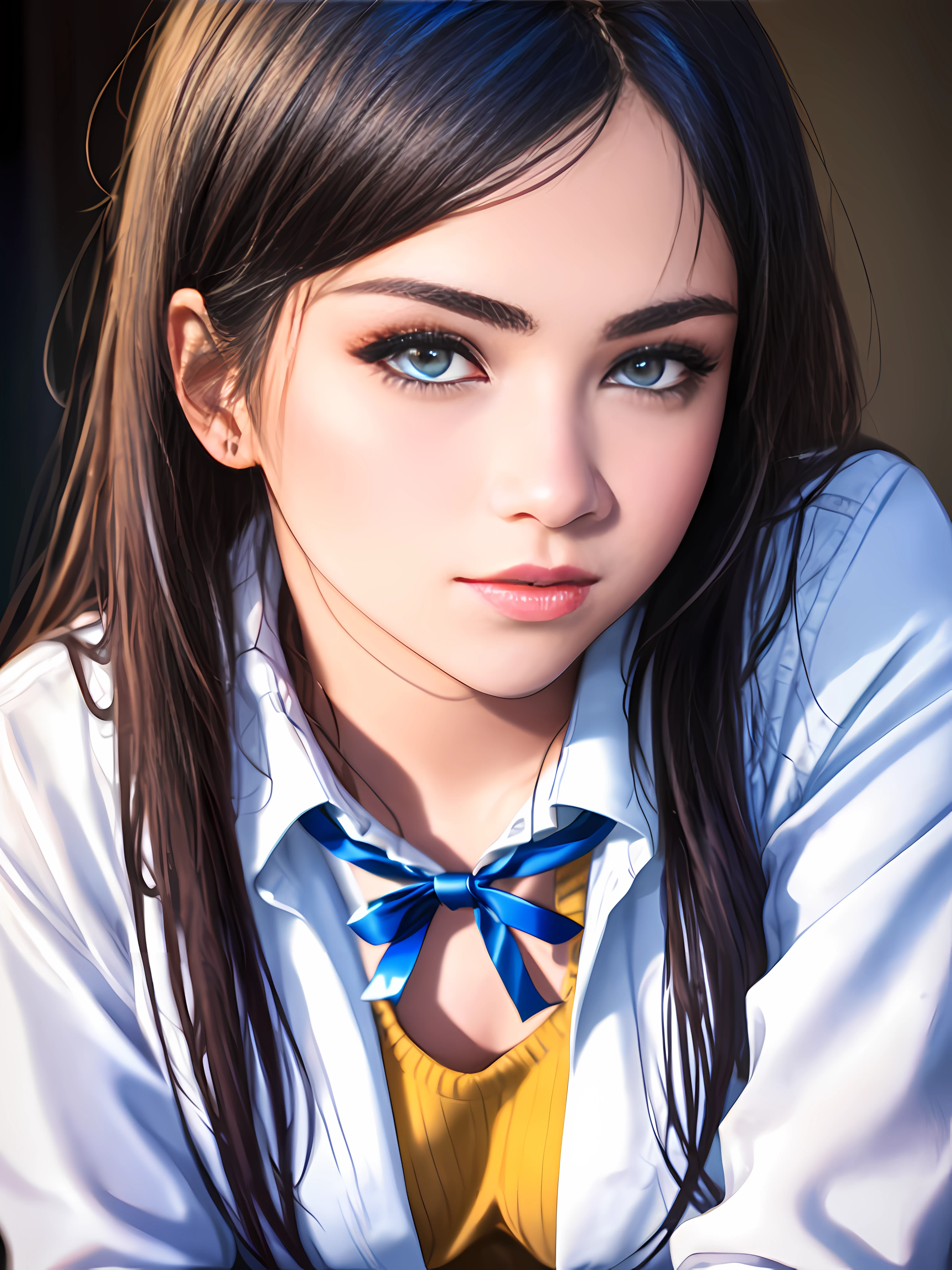 focusing area: dynamic point (21 points), general planes, a photorealistic full body portrait of a stunningly beautiful student girl without make-up, , /(long black hair with blue tips, triangular face, perfect yellow eyes, shapely legs, hourglass body, sexi,), /(school uniform: Yellow sweater, white blouse, dark blue miniskirt, dark blue socks,) extremely detailed light hazel eyes, detailed symmetric realistic face, extremely detailed natural skin texture, peach fuzz, masterpiece, absurdres, nikon d850 film stock photograph, kodak portra 400 camera f1.6 lens, extremely detailed, amazing, fine detail, rich colors, hyper realistic lifelike texture, dramatic lighting, unrealengine, cinestill 800 tungsten, looking at the viewer, photo realistic, raw photo, high quality, highres, sharp focus, extremely detailed, cinematic lighting, 8k uhd