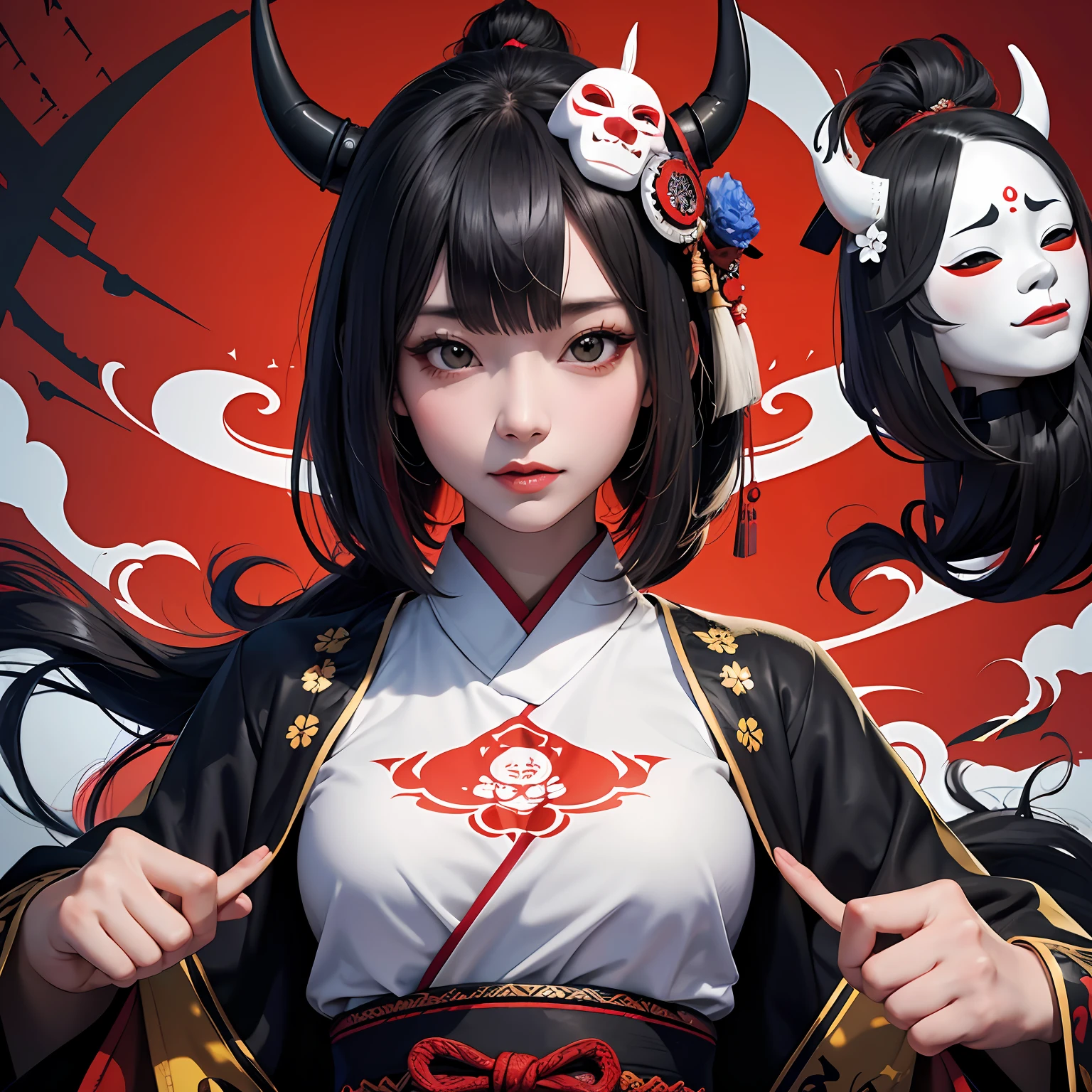 a girl in Hannya mask, masterpiece, high quality, 8k, high resolution, high detailed, Japanese, samurai, vibrant colors ready to print in tshirt, adobe illustrator --auto