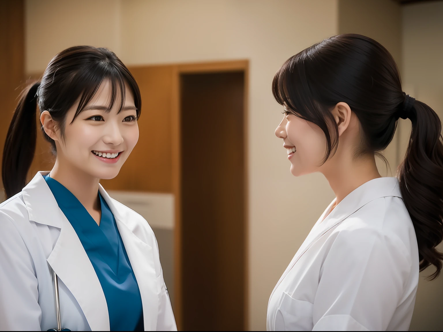 Medical Practice in Japan, femele, nurse, Women talking to each other, light smile, black hair, side ponytail, Canon, blurry foreground, first-person view, UHD