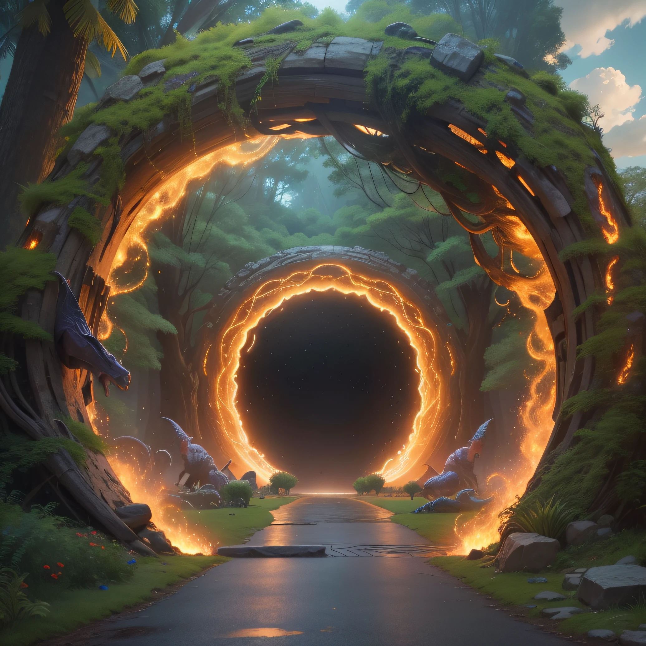 A giant magical portal, depicted with a swirl of shimmering colors opening up in front of him, where it would give way to the Jurassic world, with several dinosaurs in the background, and the children coming towards that portal.8k, disco Rigido, Hard disk,
