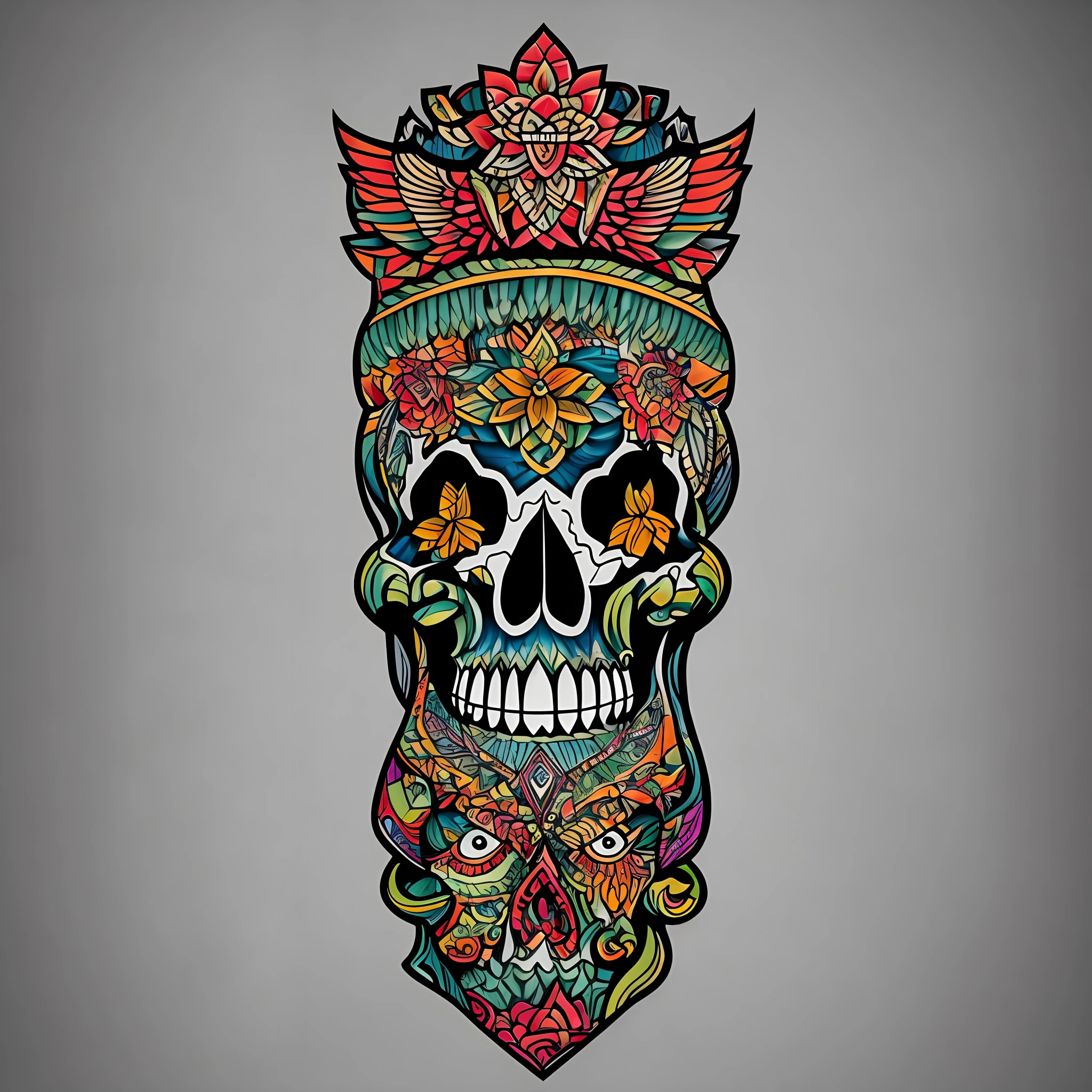 Skull ilustration in totem pole style indian american ilustration style tattoo white background --auto --s2