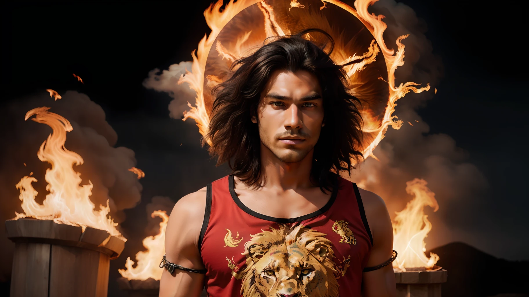 Generate a majestic male god embodying the zodiac sign leo. Adorned with red attire and lion print, black hair with fire standing on the sun