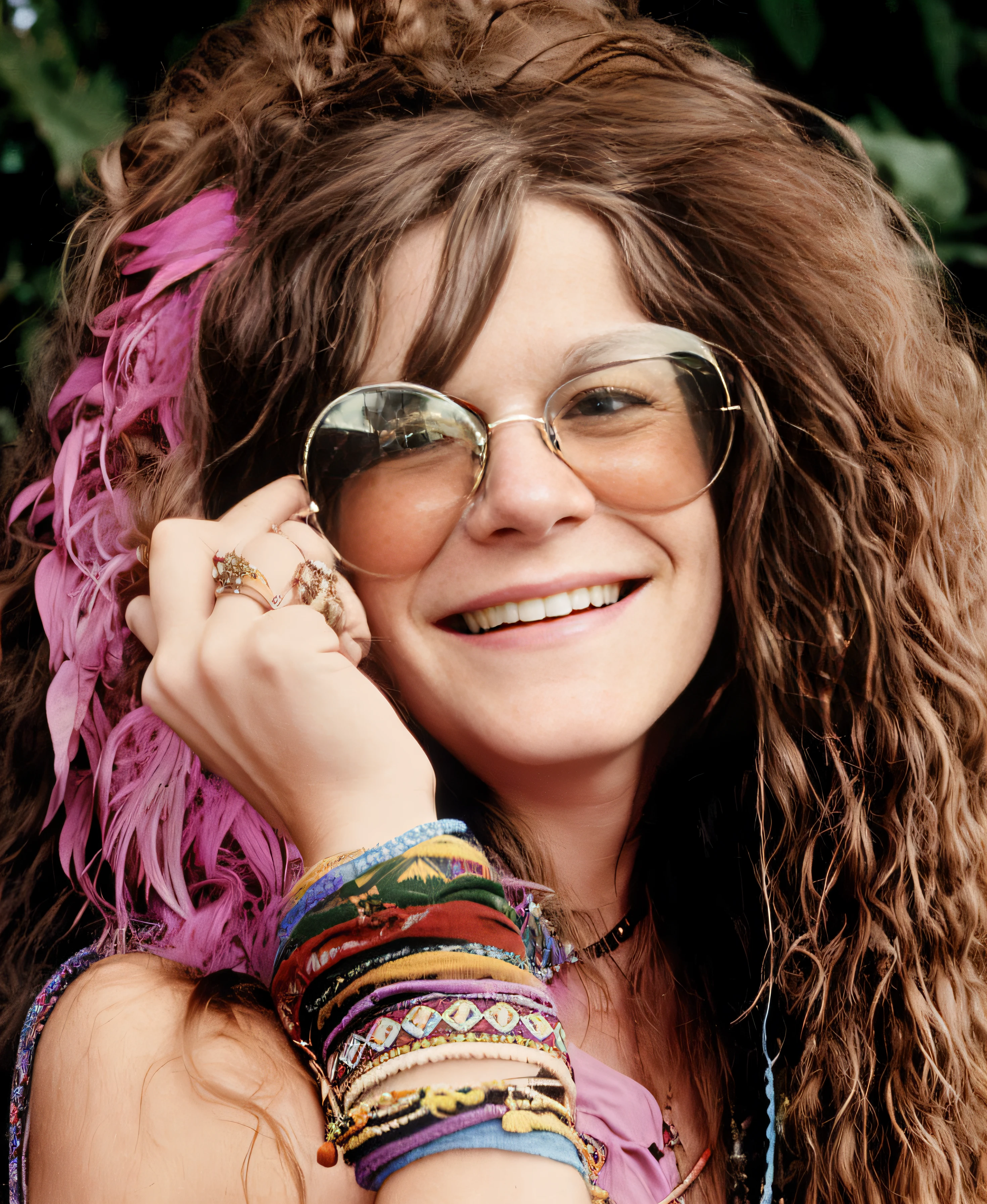 JANIS JOPLIN with long hair and glasses smiling while holding a cell phone, Hippie, 1 9 7 0  hippie, Woodstock, Estilo de tecido hippie dos anos 1970, Cottagecore hippie, hippie, moda hippie, hippie chique,