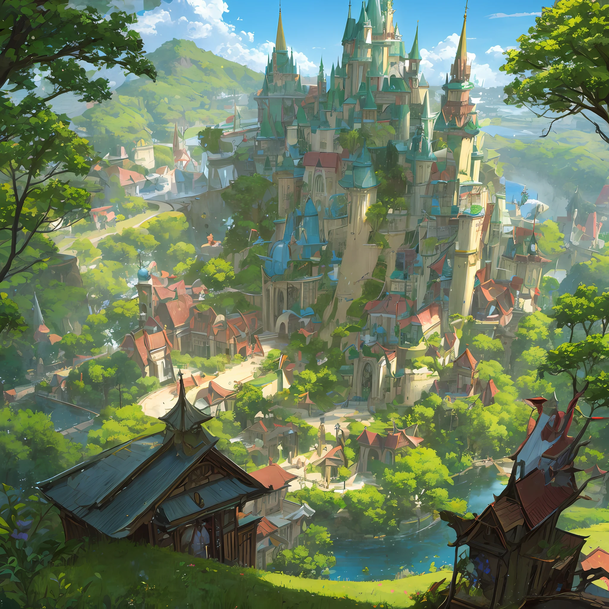 Um reino com um castelo no centro e um vilarejo cercado de floresta e pastos verdes
