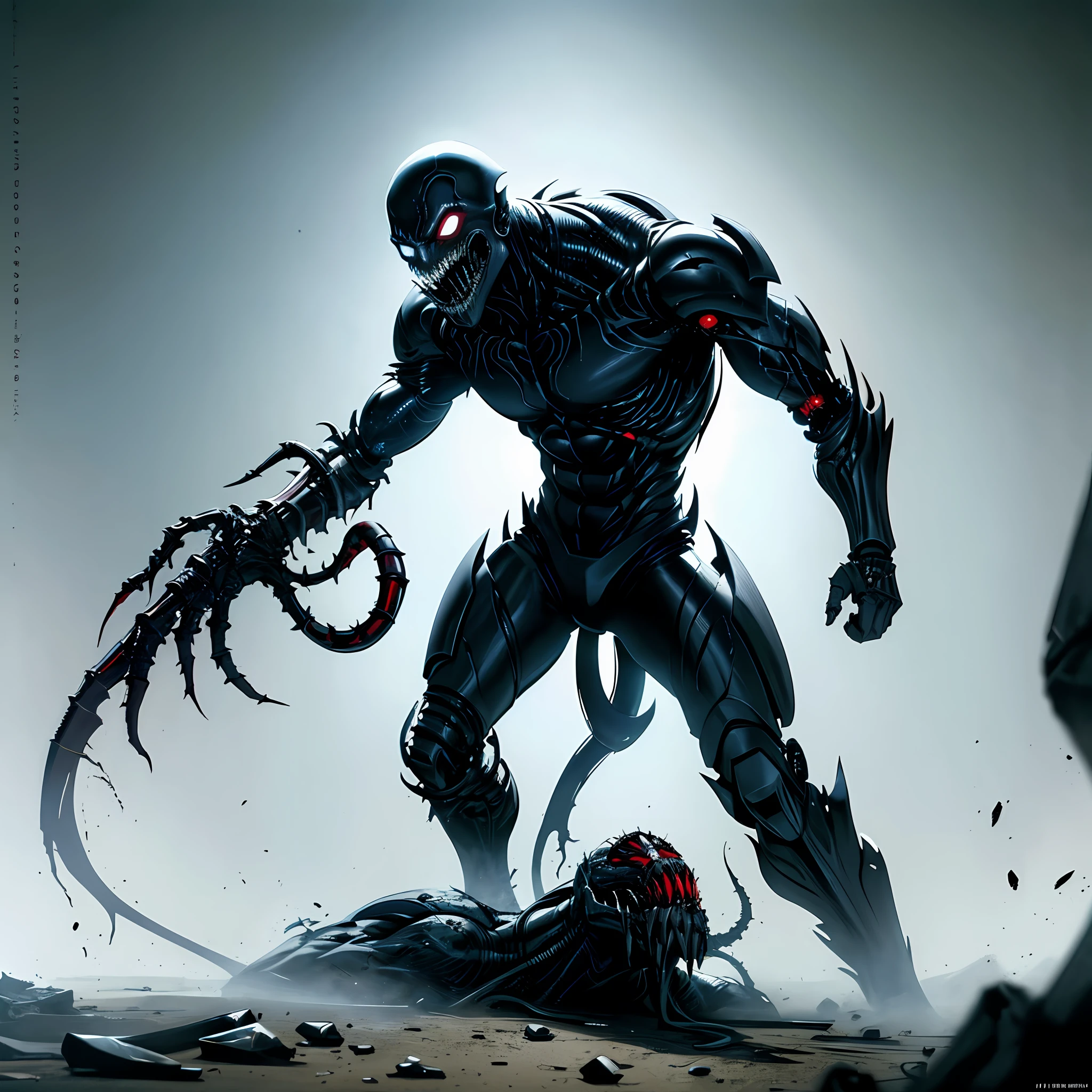 Sinister-looking Cyborg Demon Spawn infected with Venom Symbiote, inspired by Todd McFarlane's artwork, capturing the dark and gritty ambiance of Image Comics and DC Comics. Action-packed shot set in a battlefield, portraying a terrifying and villainous presence. Single character full body render, masterpiece