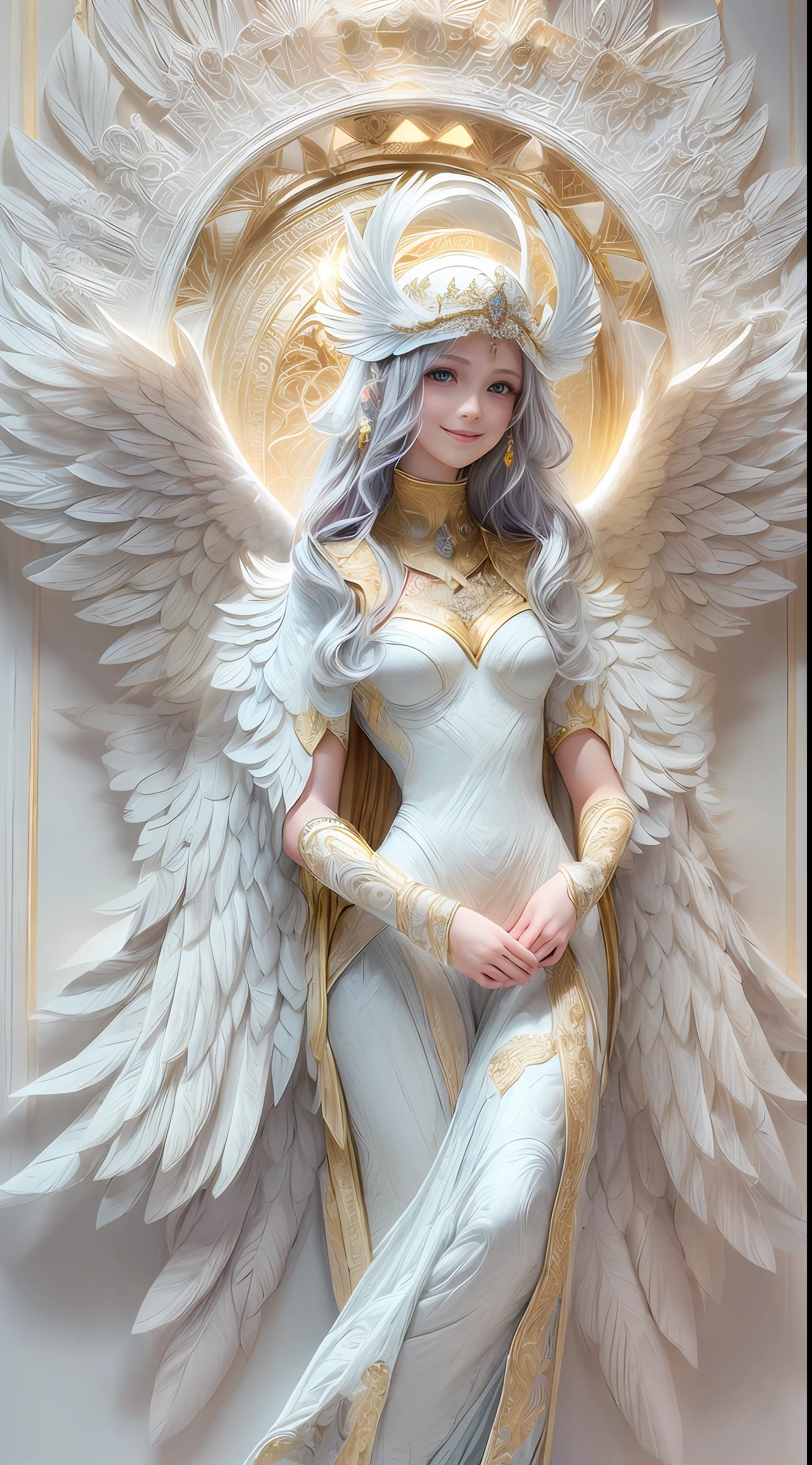 ○ Prompt words
(full-body shot:1.4),  White background, (1 angel girl,shining wings, halo, exquisite headdress, smile), (paper art, Quilted paper art, geomerty), (extremely colorful, Best quality, Detailed details, Masterpiece, offcial art, movie light effect, 4K, Chiaroscuro)