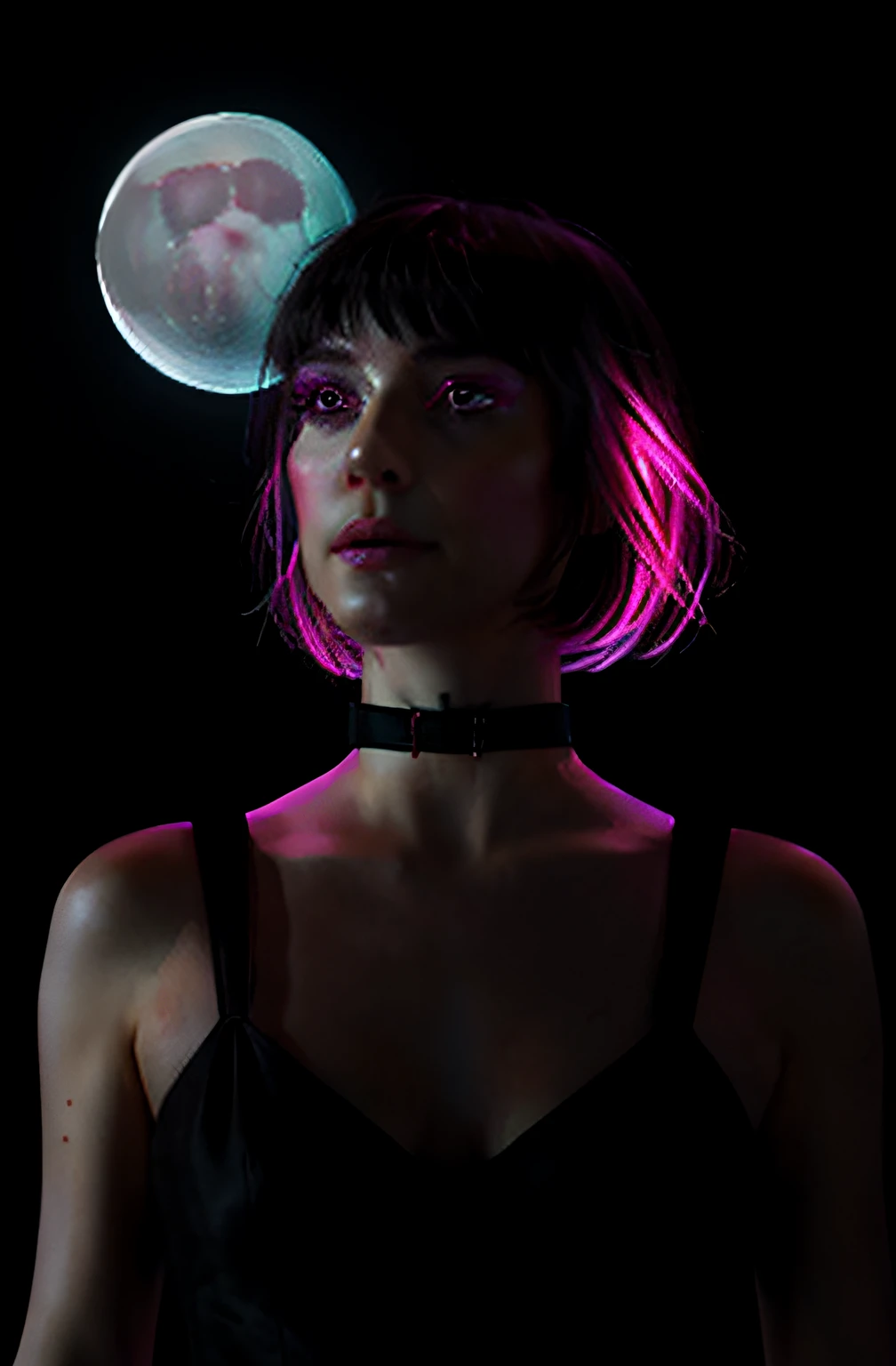 nixeu, 1girl, bare shoulders, black background, black choker, black dress, breasts, choker, cleavage, cyberpunk, cyberpunk \(series\), cyberpunk edgerunners, dark background, dress, from below, highres, lucy \(cyberpunk\), medium breasts, moon, multicolored eyes, multicolored hair, red eyeliner, short hair, upper body,inspired by charlie bowater,karol bak