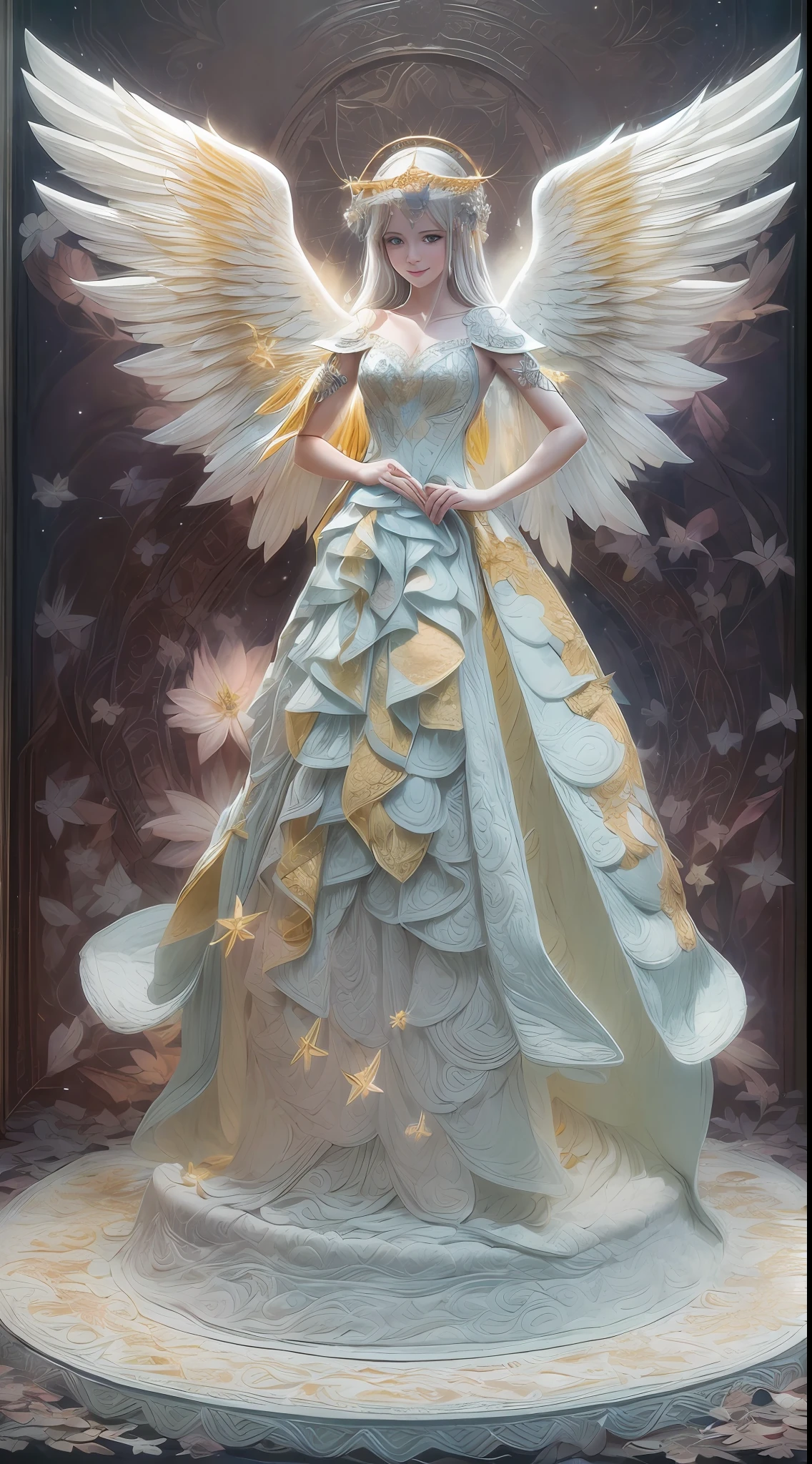 ○ Prompt words
(full-body shot:1.4),  White background, (1 angel girl,shining wings, halo, exquisite headdress, smile), (paper art, Quilted paper art, geomerty), (extremely colorful, Best quality, Detailed details, Masterpiece, offcial art, movie light effect, 4K, Chiaroscuro)