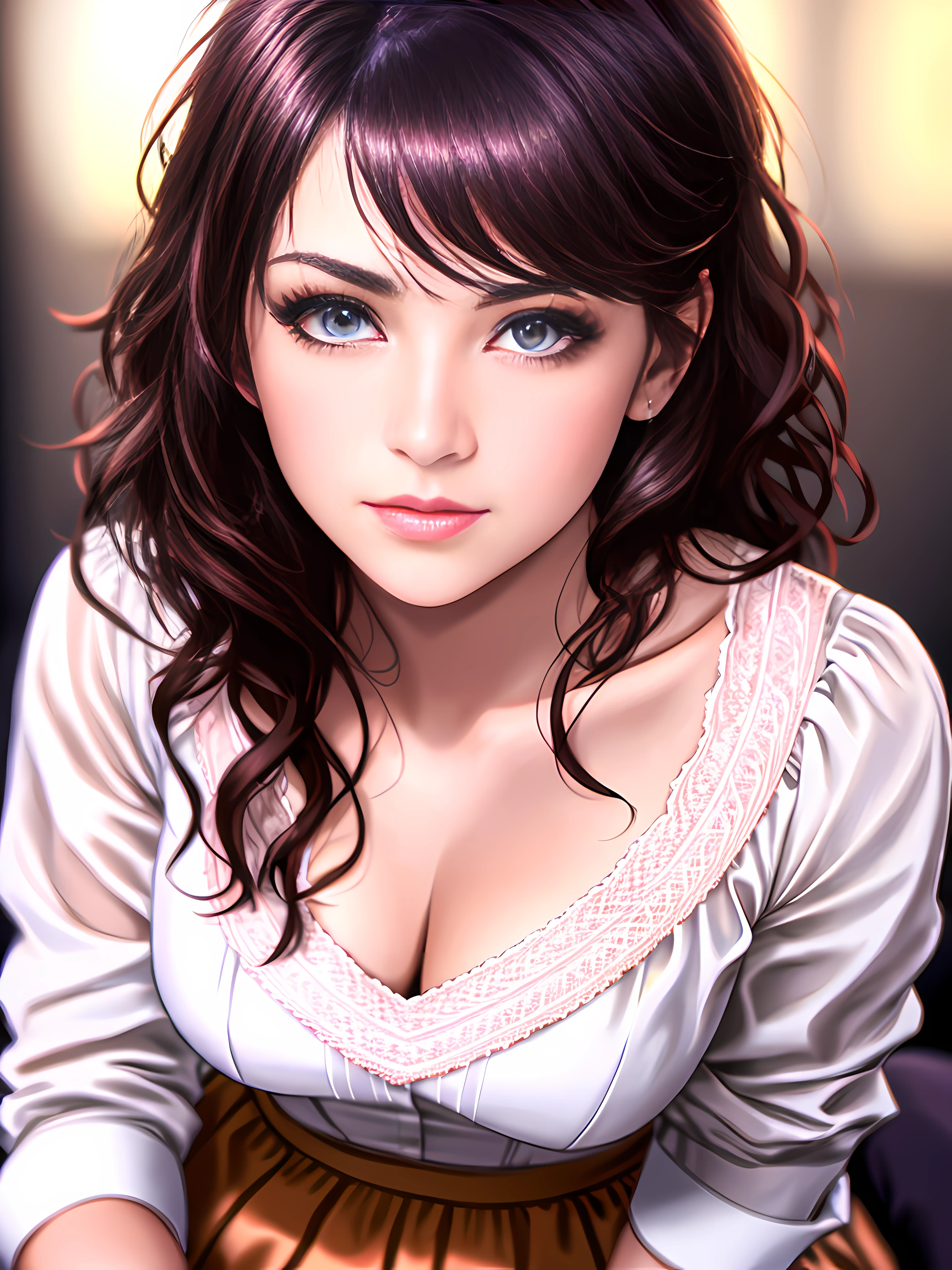 a photorealistic full body portrait of a stunningly beautiful women without make-up, beige V-neck blouse with lace and neckline, pink mini-skirt with pleats and butterfly patterns, white knee-high stockings with diamond patterns, purple bow, extremely detailed light hazel eyes, detailed symmetric realistic face, extremely detailed natural skin texture, peach fuzz, messy hair, masterpiece, absurdres, nikon d850 film stock photograph, kodak portra 400 camera f1.6 lens, extremely detailed, amazing, fine detail, rich colors, hyper realistic lifelike texture, dramatic lighting, unrealengine, cinestill 800 tungsten, looking at the viewer, photo realistic, RAW photo, high quality, highres, sharp focus, extremely detailed, cinematic lighting, 8k uhd