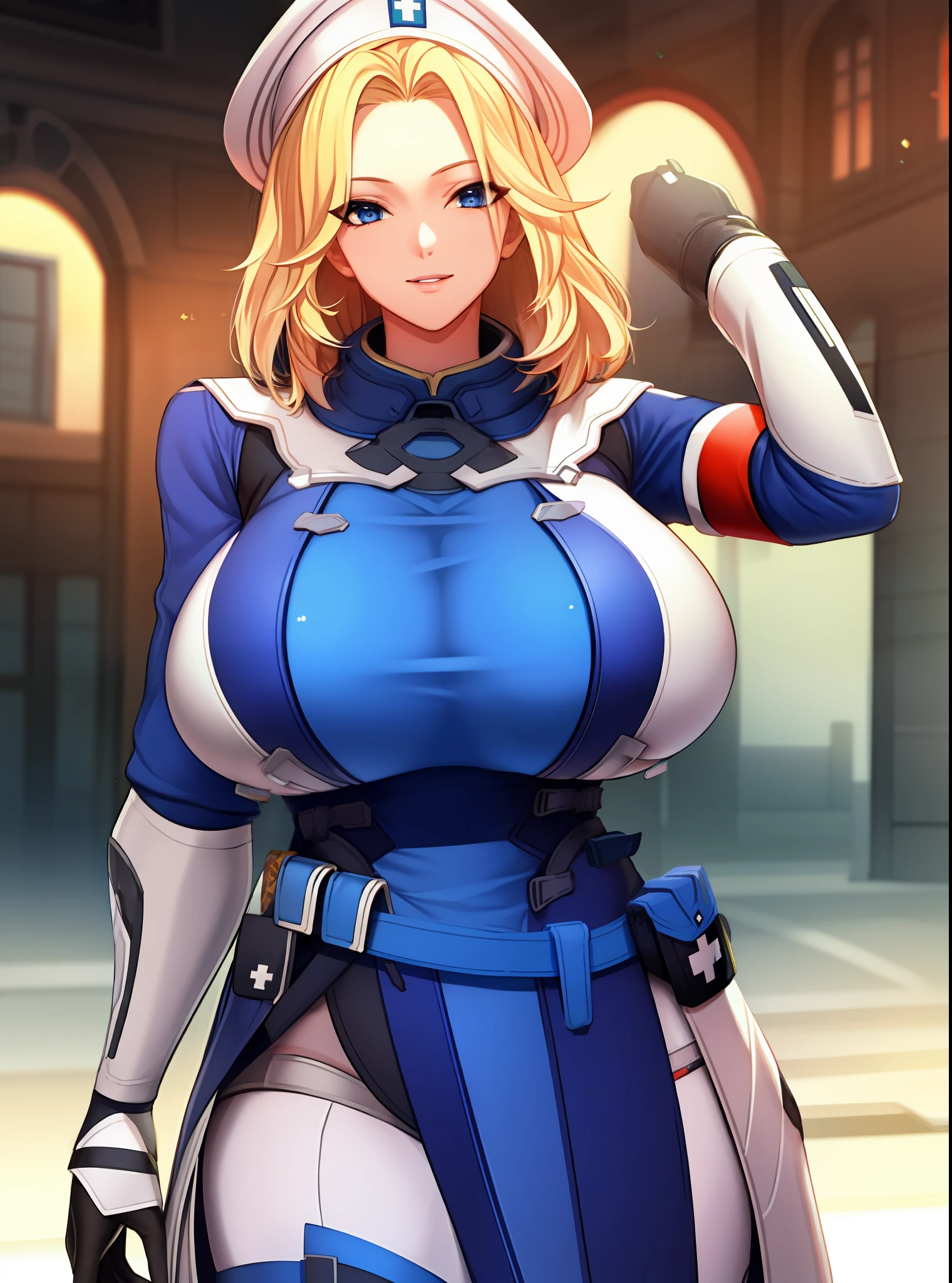 CombatMedic,  mature female,  1girl,hand arm above head, blonde hair, official alternate costume, blue eyes, armband,looking at viewer, multicolored clothes, alternate hairstyle, gloves, white headwear, multicolored legwear, belt pouch,(masterpiece:1.4),(best quality:1.4), medium breasts, battle,    huge breasts novel. Grapping on breasts