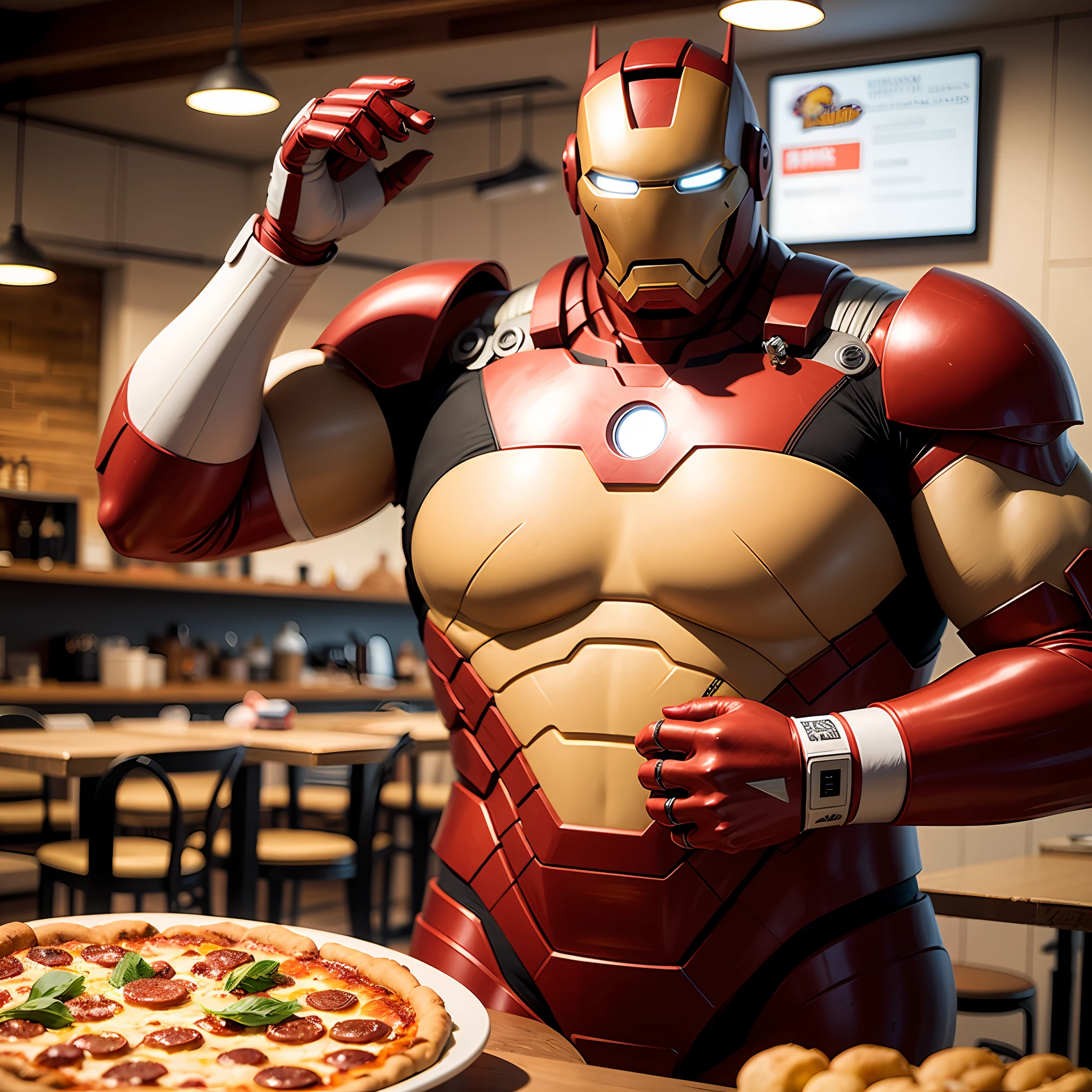 Super gordo Ironman, in a pizzeria,