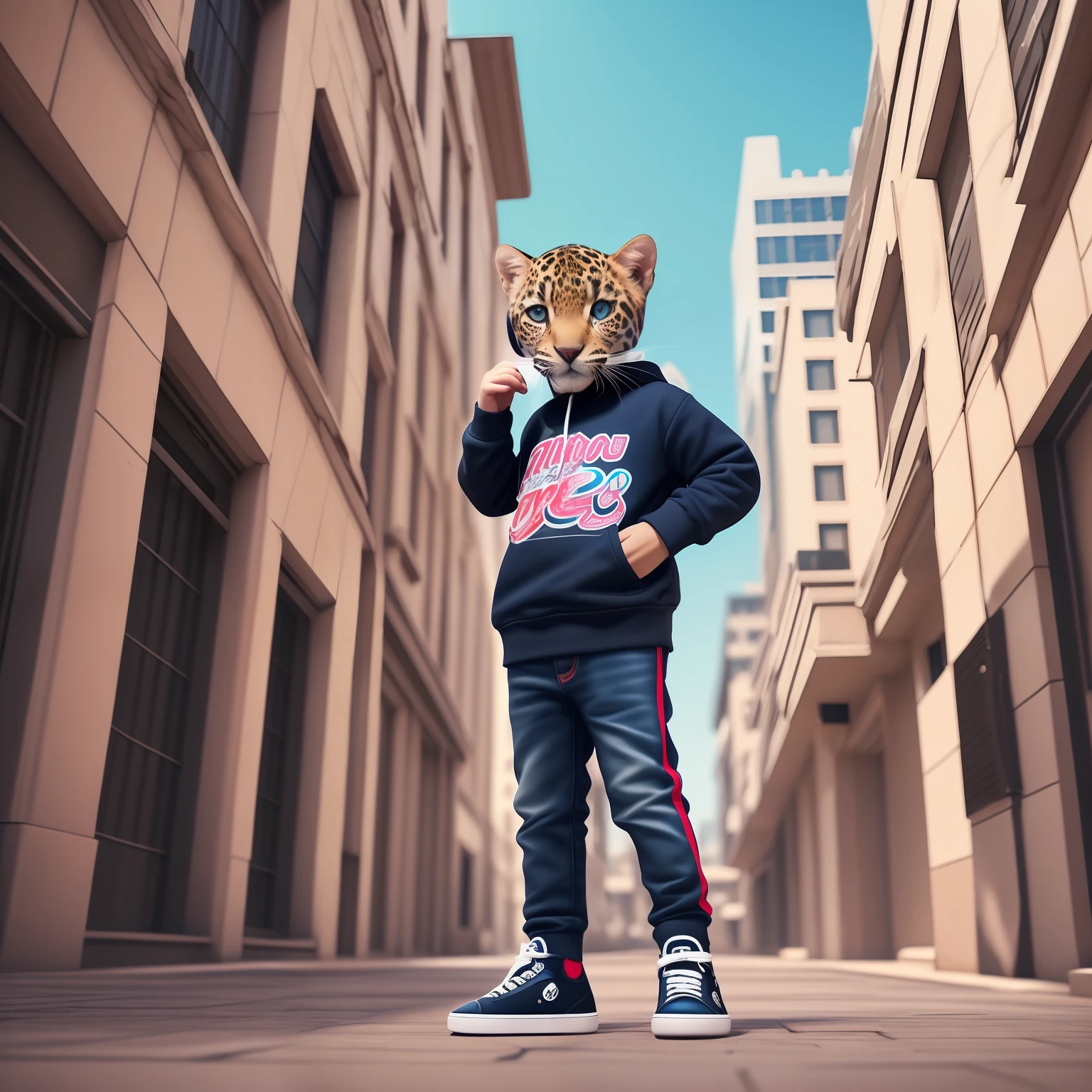 A cute Kawaii tiny hyper realistic  jaguar, wearing hip hop clothes, city background. wide angle full body, 8k, Cinematography, photorealistic,epic composition Unreal Engine,Cinematic, Color Grading, Portrait Photography,Ultra-Wide Angle, Depth of Field, hyper detailed --auto --s2