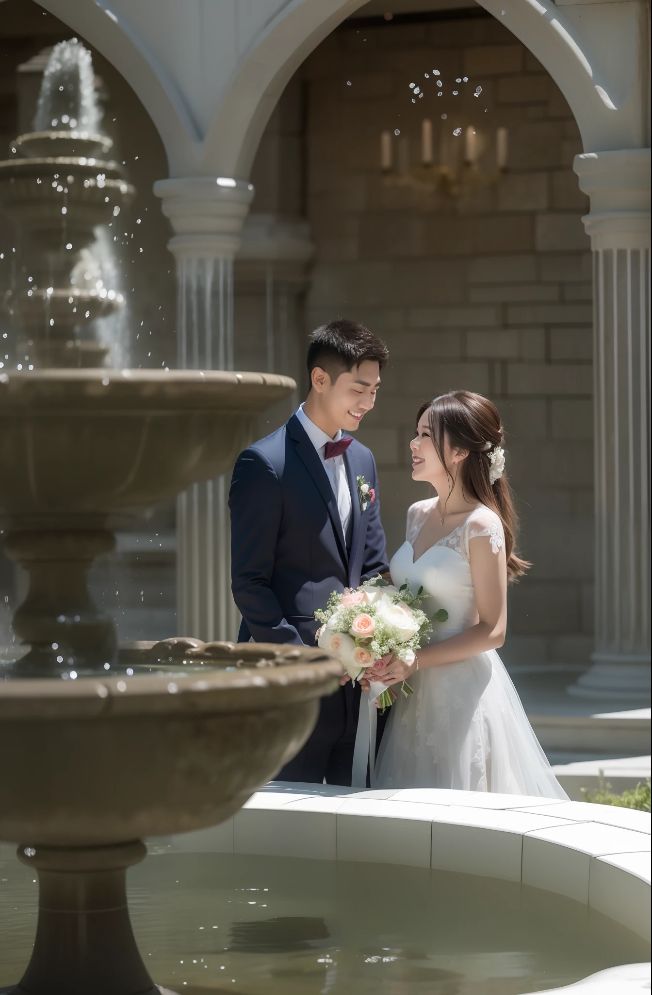 bride and groom standing in front of a fountain in a courtyard, wedding photo, shot with canon eoa 6 d mark ii, wedding photography, lovely couple, professional wedding photography, photo taken with nikon d 7 5 0, photo taken with nikon d750, 🤬 🤮 💕 🎀, & jeehyung lee & wlop