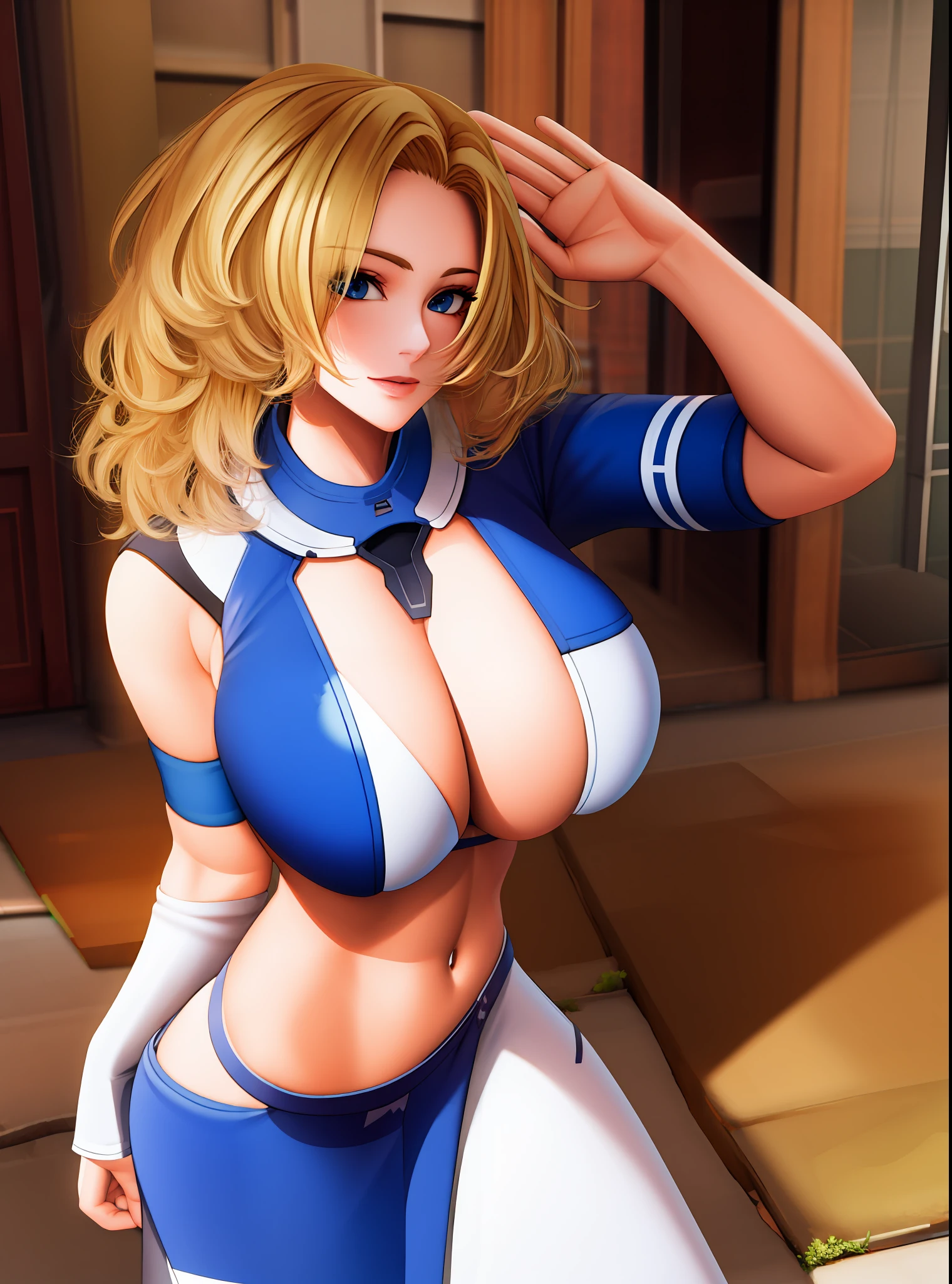 CombatMedic, mature female, 1girl,hand arm above head, blonde hair, official alternate costume, blue eyes, armband,looking at viewer, multicolored clothes, alternate hairstyle, (masterpiece:1.4),(best quality:1.4) bikini huge breasts