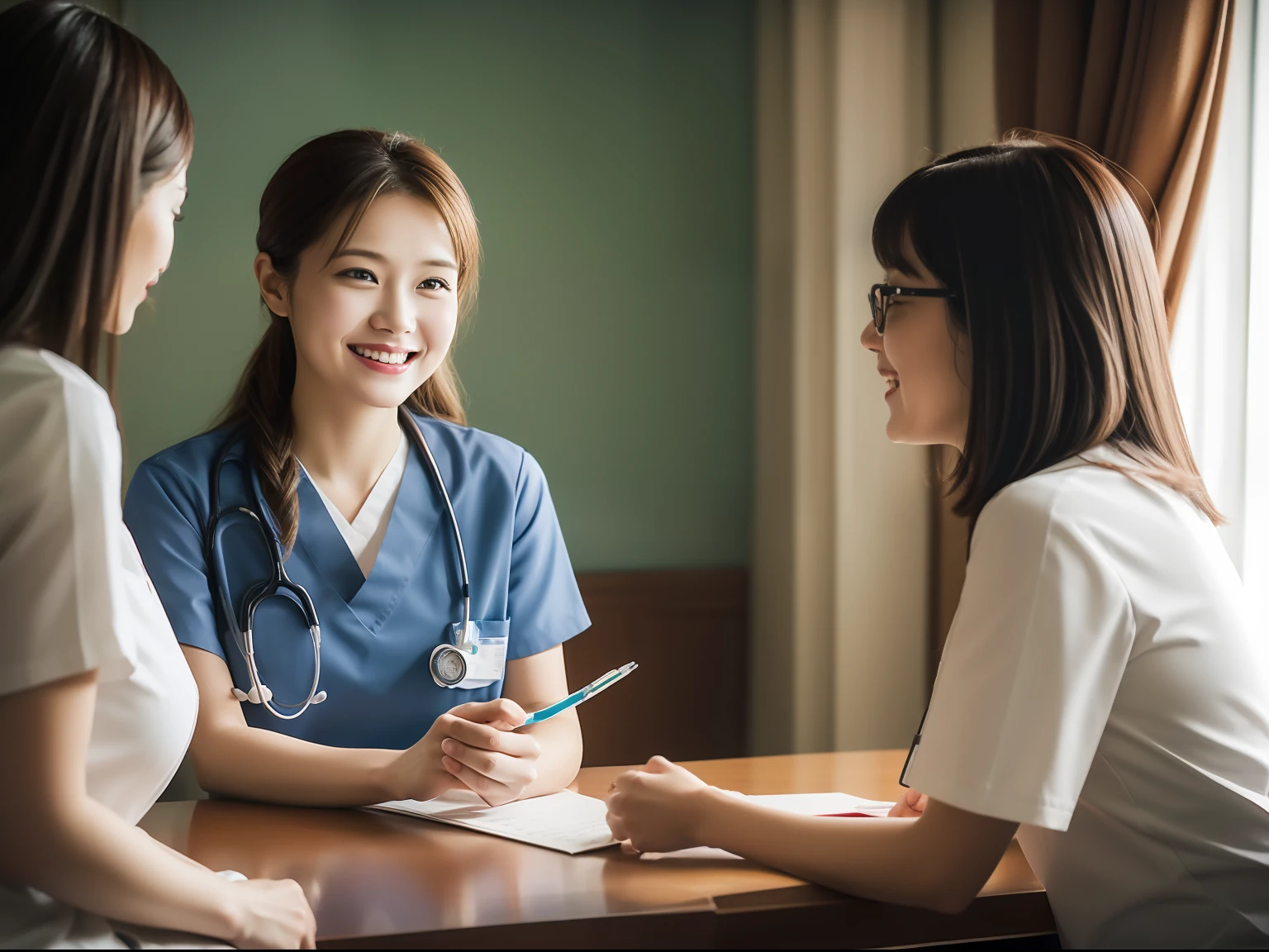 medical scene, Nurse Woman and Doctor, Talking, light smile, depth of field, Canon, UHD