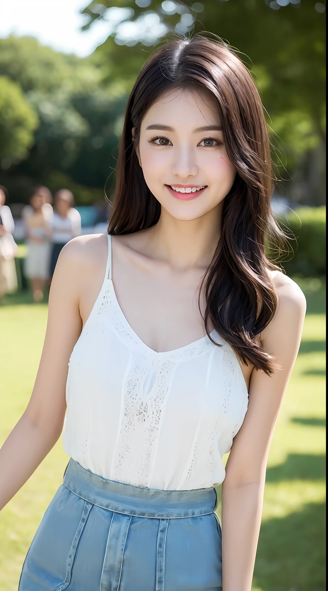 (1 Korean star with royal sister style), ((Best quality, 8K, 巨作: 1.3)), focal point: 1.2, Perfect body proportions: 1.4, (Make a smile),  （Ray traching）,Watery eyes, Highly Detailed Face and Skin Textur, Fine eyes, Double eyelids, Whitens the skin, (long whitr hair, Air bangs: 1.3), (face round: 1.5), (White collarbones are shoulder-bared，black short skirt: 1.4), (standing on your feet，Stand in the park: 1.6),(Colorful background)，The background is clear，There are green mountains，There is green water，
