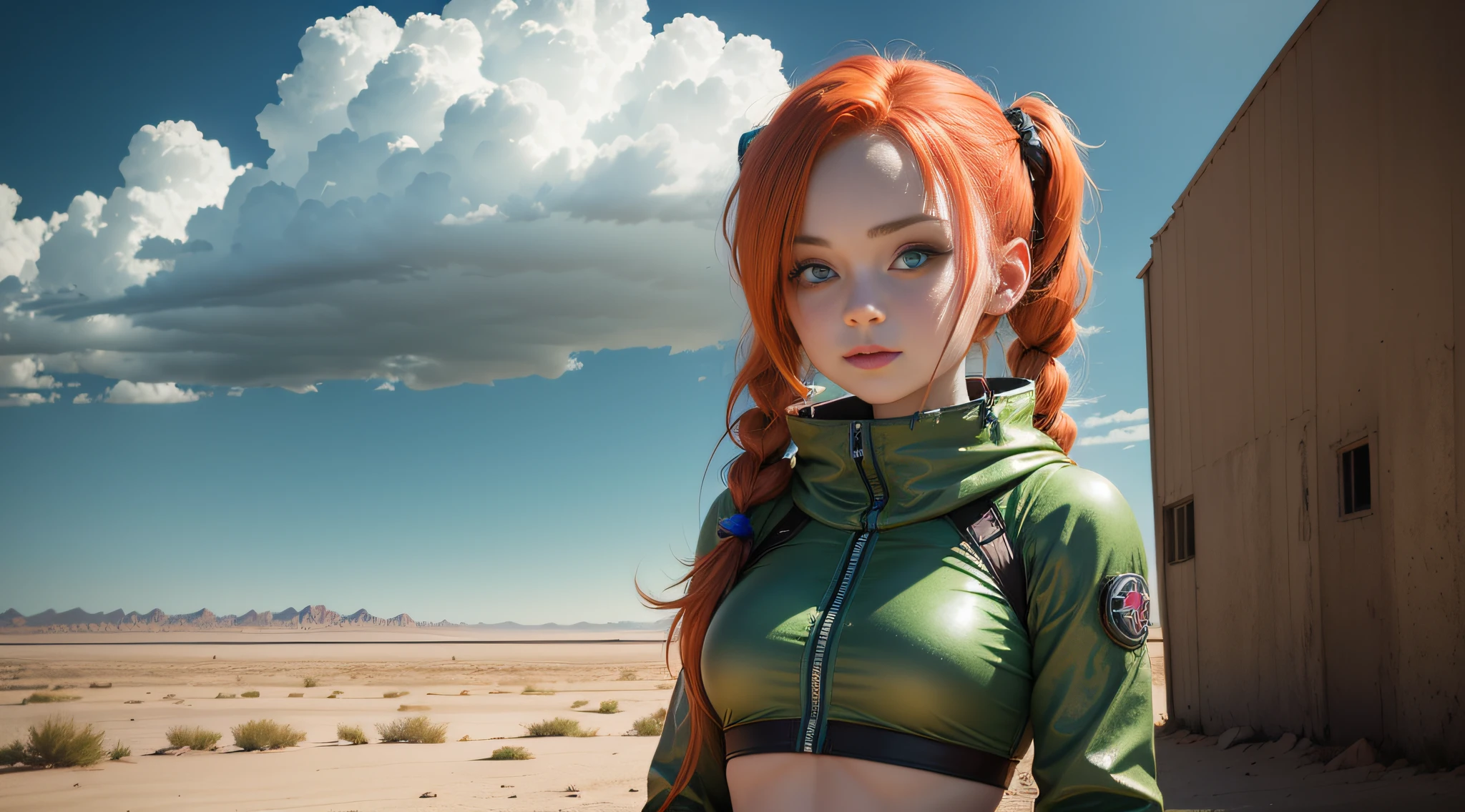 cute redhead woman in twin tails, multiple rainbow colored hair, sky-blue eyes, happy, Ukrainian, petite, pale skin, wearing a green metallic color bikini, post apocalyptic background, bleak barren desert, photo realistic woman. --auto