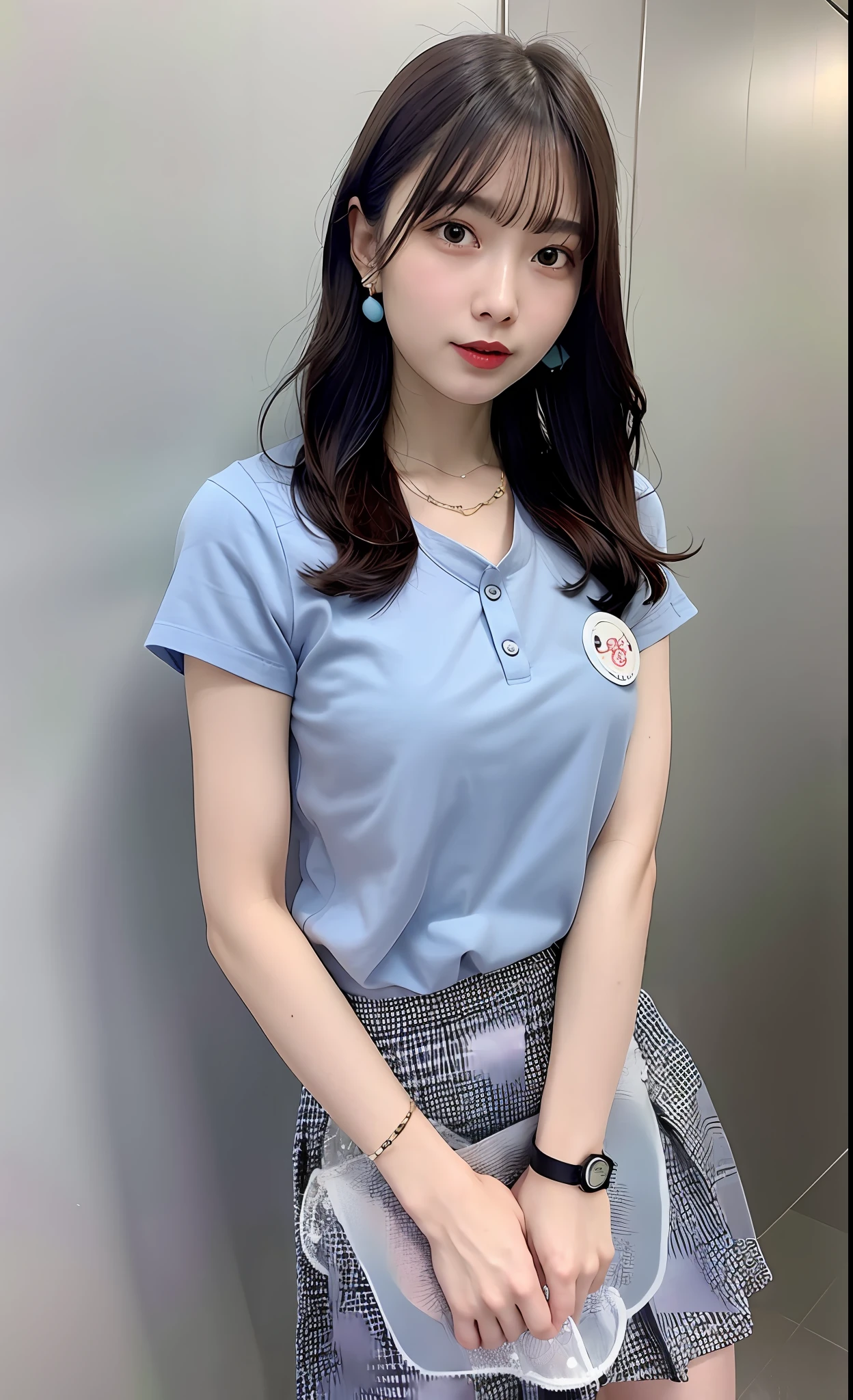 light grey background,The facial features are delicate and beautiful,Pubic area is clear,Clutch bag,Wearing a light blue embroidered shirt,There is a button on the placket ,Wear the lower body over a knee-length skirt,Fine Necklace,耳Nipple Ring,Bracelet,Ultra-clear,Hyper-Resolution,full body shot shot,