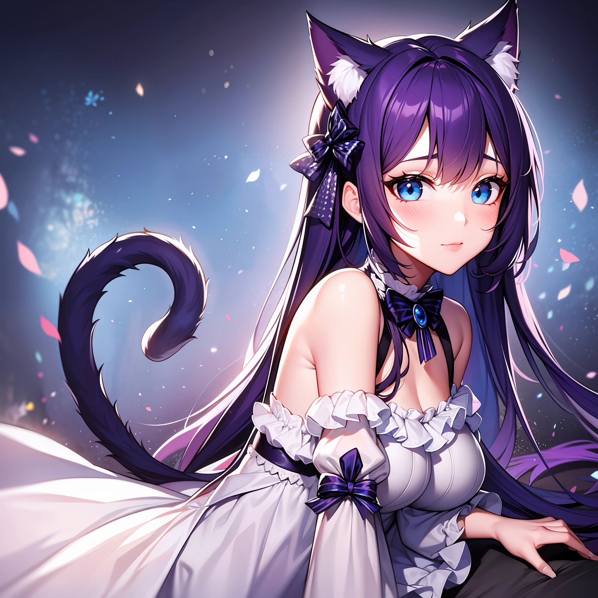 Girl, cute features, bright blue eyes, long dark purple hair, white light dress with cute decorations, cat ears and tail