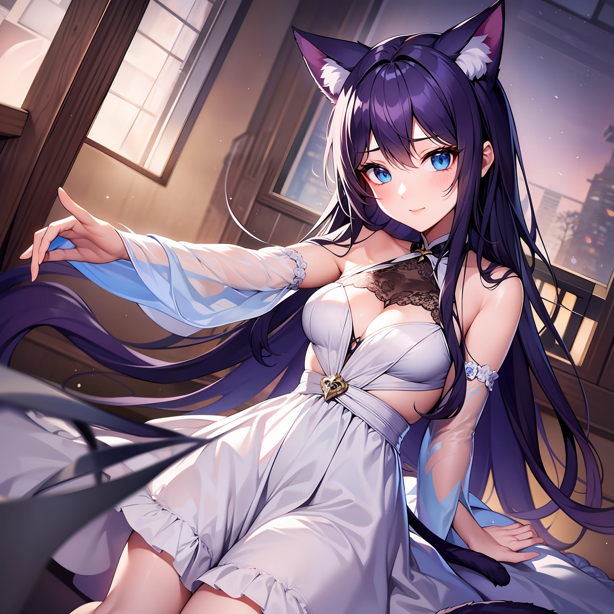 Girl, cute features, bright blue eyes, long dark purple hair, white light dress with cute decorations, cat ears and tail