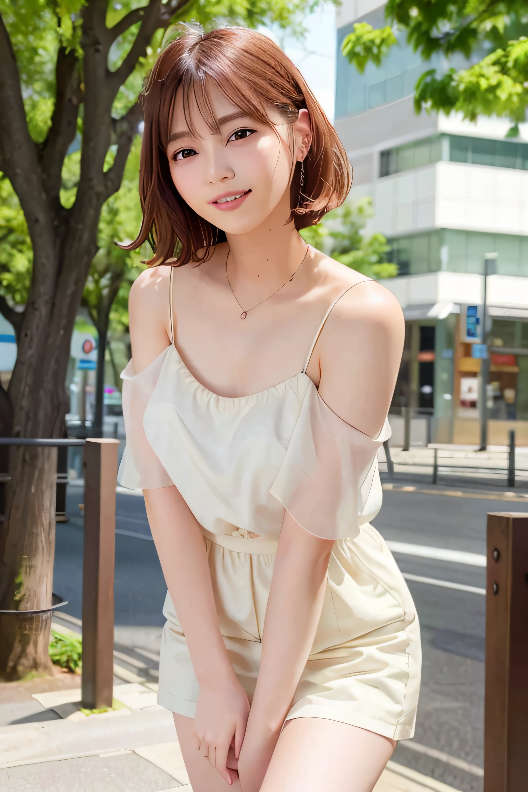 (skin blemishes:1.2)、(dent in the skin)、Black eye、Female 1 Person、22year old、(((femele)))、独奏、realisitic、top-quality、Photorealsitic、masterpiece、8K、hight resolution、独奏、extra detailed face、(Pro lighting、bokeh dof)、(Particles of light、lensflare、Luminous particles:0.6)、(dynamicposes:1.2)、Soft lighting、Fashionable and trendy atmosphere、jpn、street、TOKYOcty、城市、((during daytime)) 、Skysky、Wire cable、((watching at viewers:1))、(is looking at the camera)、(portlate:0.6)、cowboy shot、a gorgeous、is standing、Maintains original facial proportions、broad shoulder、full bodyesbian、(Curly)breastsout)、(Medium hair)、Brown hair、Floating hair、s lips、lipsticks、seducting smile、Floating hair、a smile、open open mouth、tusk、onepiece、a miniskirt、eye lashes、mole、(Mole under the eyes:1) )、
