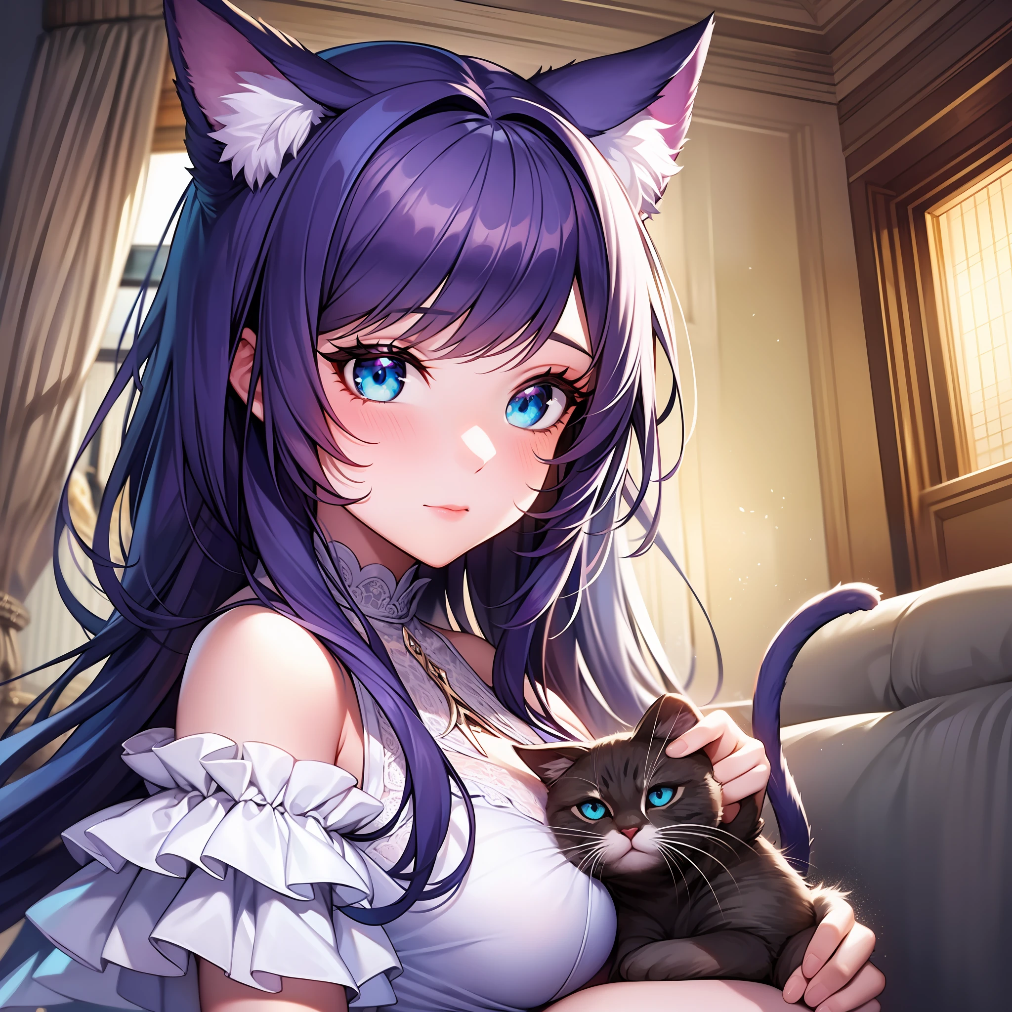 Girl, cute features, bright blue eyes, long dark purple hair, white light dress with cute decorations, cat ears and tail