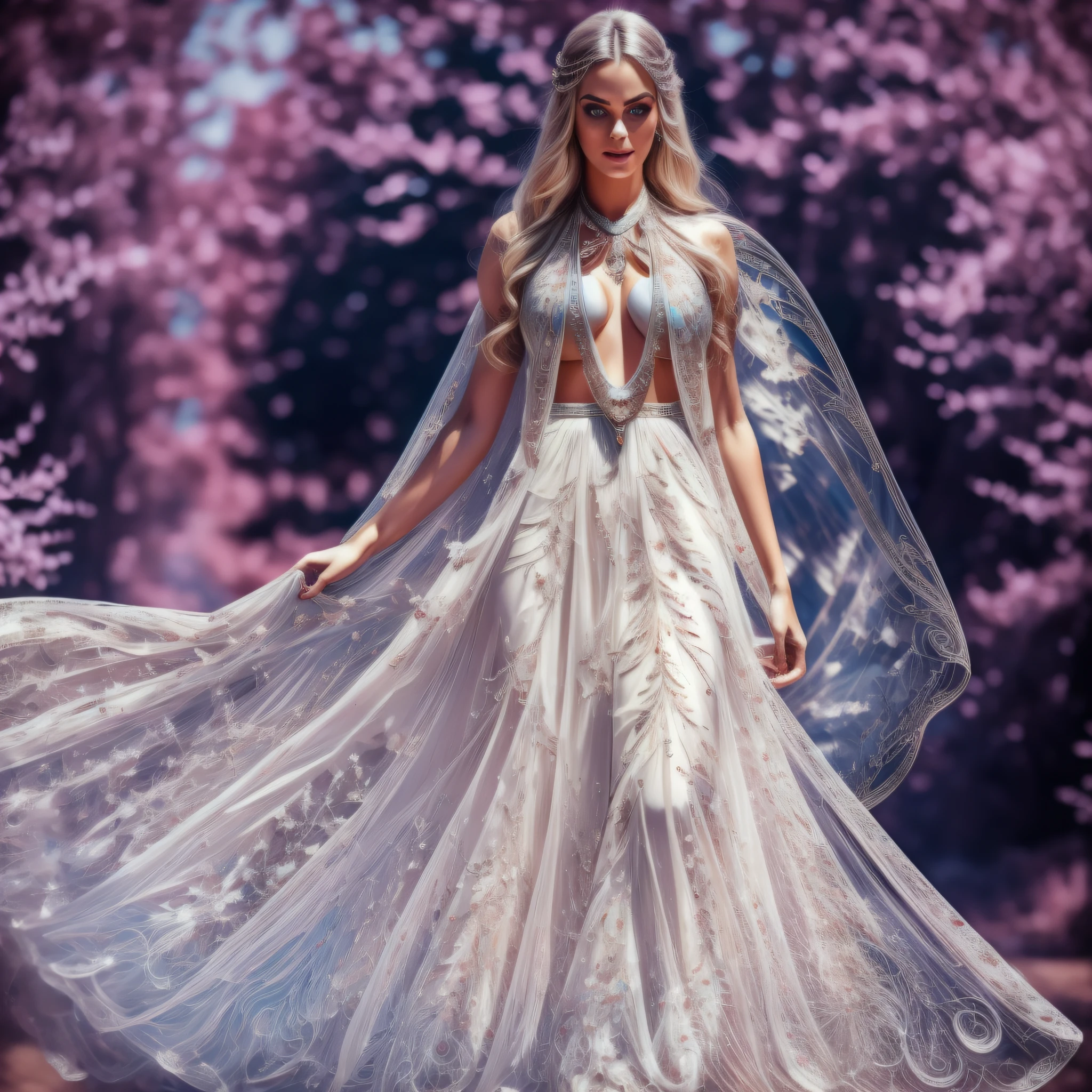 Beauty, goddess, sexy, charming, hot body, blue eyes, blue pupils, long eyelashes, blonde hair, delicate and smooth skin, textured skin, fairy, silver and white long skirt, cool dress, retro, full breasts, low cut, fairy style, walking barefoot, people floating in the air, ((complex details)), HDR, ((complex details, super detailed)), movie lens, full body lens, depth of field lens, third-person perspective, retro background, vignette