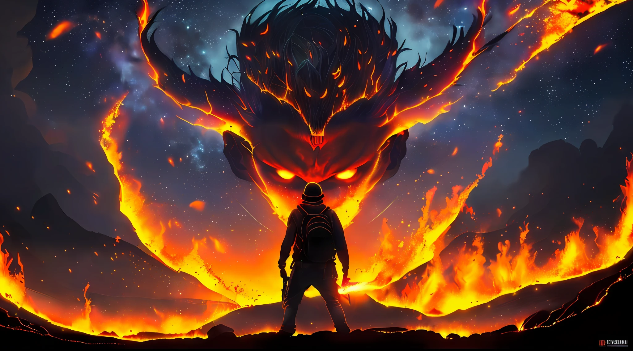(((un guerrero enfrentando a los demonios de la oscuridad en el fondo de la tierra, Fireflies of fire in the air, demonios de lava, suelo oscuro, cielo rojizo y azulado))), (lente ojo de pez,