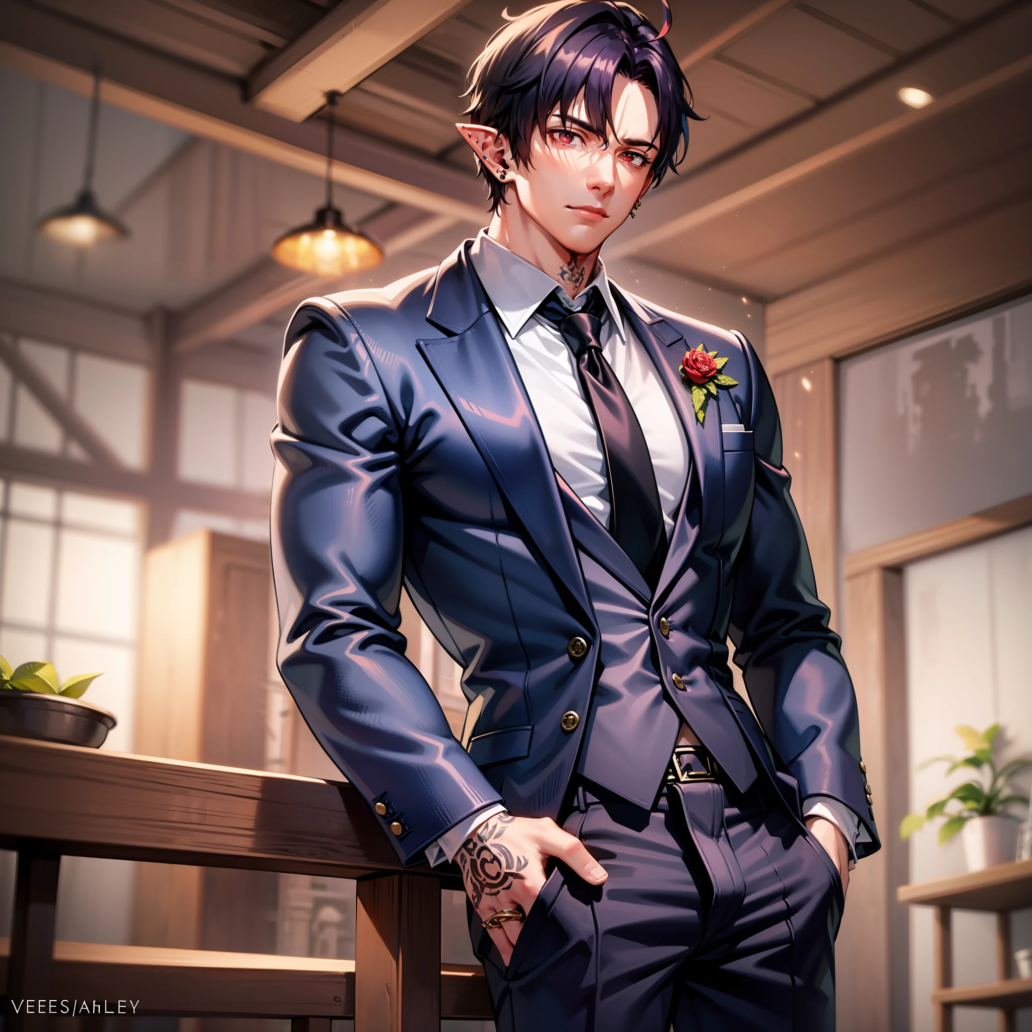 Handsome male, purple hair, short hair, wavy hair, detailed body, detailed hands, horns, expressionless, arrogant expression, red eyes, roman nose, almond eyes, navy blue tuxedo, black shirt, black tie, cocky, nightfall, handsome, bushy brows, pointy ears, ear piercings, rings, good looking, tattoos, dark skin, brown skin, charming, good quality, long hair, huge bulge in pants, veiny arms and hands, manly, blood on chest, standing in room