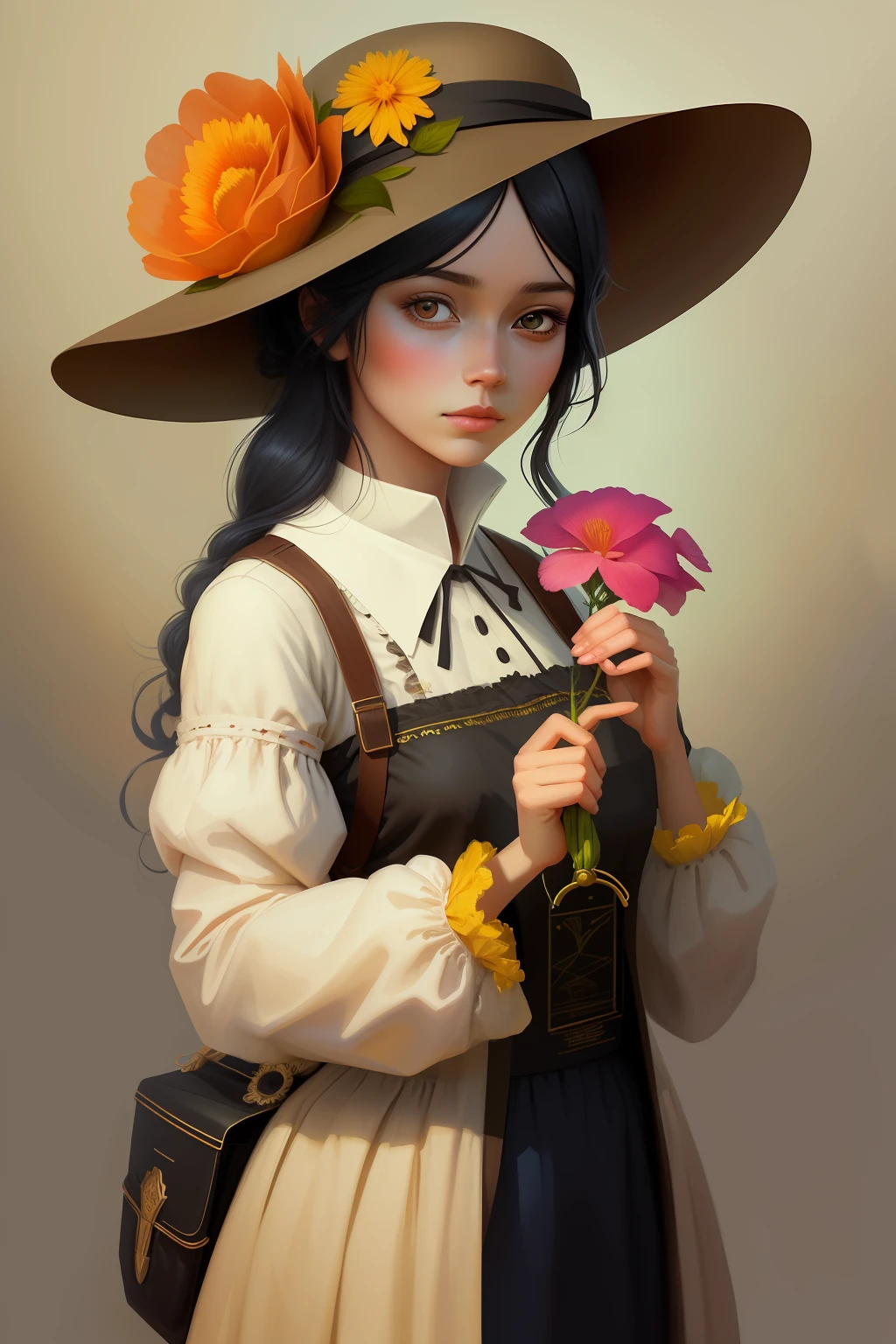 There is a woman with a hat and a flower in her hand, Beautiful digital illustration, Arte no estilo de Guweiz, stunning digital illustration, arte digital detalhada bonito, a beautiful artwork illustration, painting digital adorable, pintura de personagem bonita, exquisite digital illustration, bela arte digital, deviantart artstation cgscosiety, kawaii retrato realista