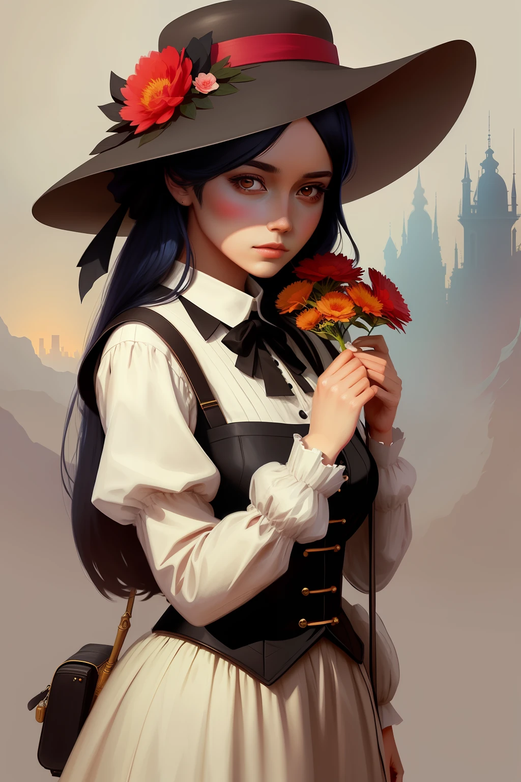 There is a woman with a hat and a flower in her hand, Beautiful digital illustration, Arte no estilo de Guweiz, stunning digital illustration, arte digital detalhada bonito, a beautiful artwork illustration, painting digital adorable, pintura de personagem bonita, exquisite digital illustration, bela arte digital, deviantart artstation cgscosiety, kawaii retrato realista