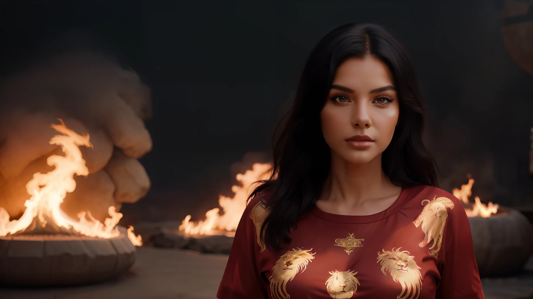 Generate a majestic female goddess embodying the zodiac sign leo. Adorned with red attire and lion print, black hair with fire standing on the sun. Realistic lighting, Best quality, 8K, Masterpiece: 1.3)),