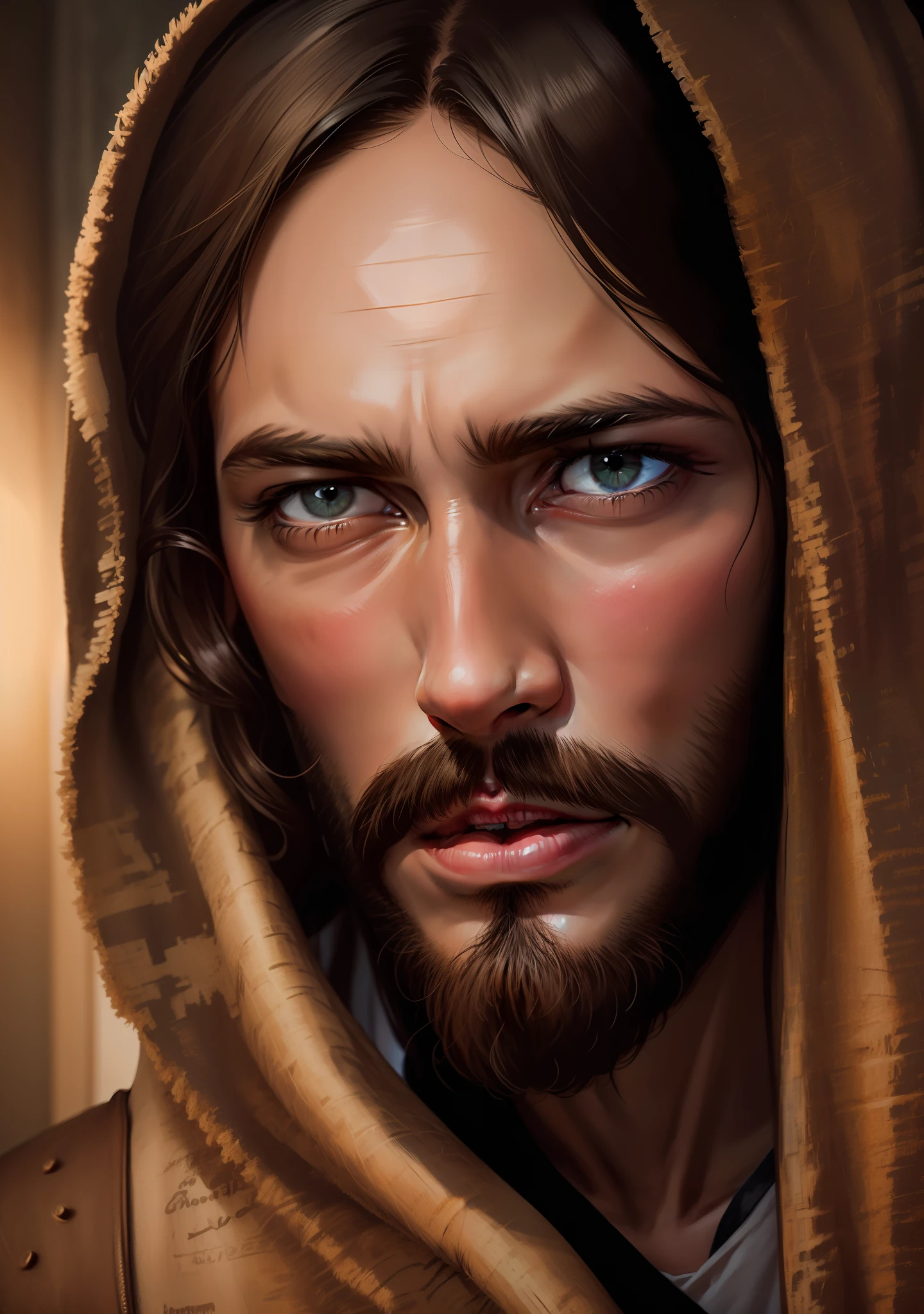 Homem vestido como Jesus Cristo, face de Jesus Cristo, olhar meigo, image with very high quality and resolution, image with cinema lighting