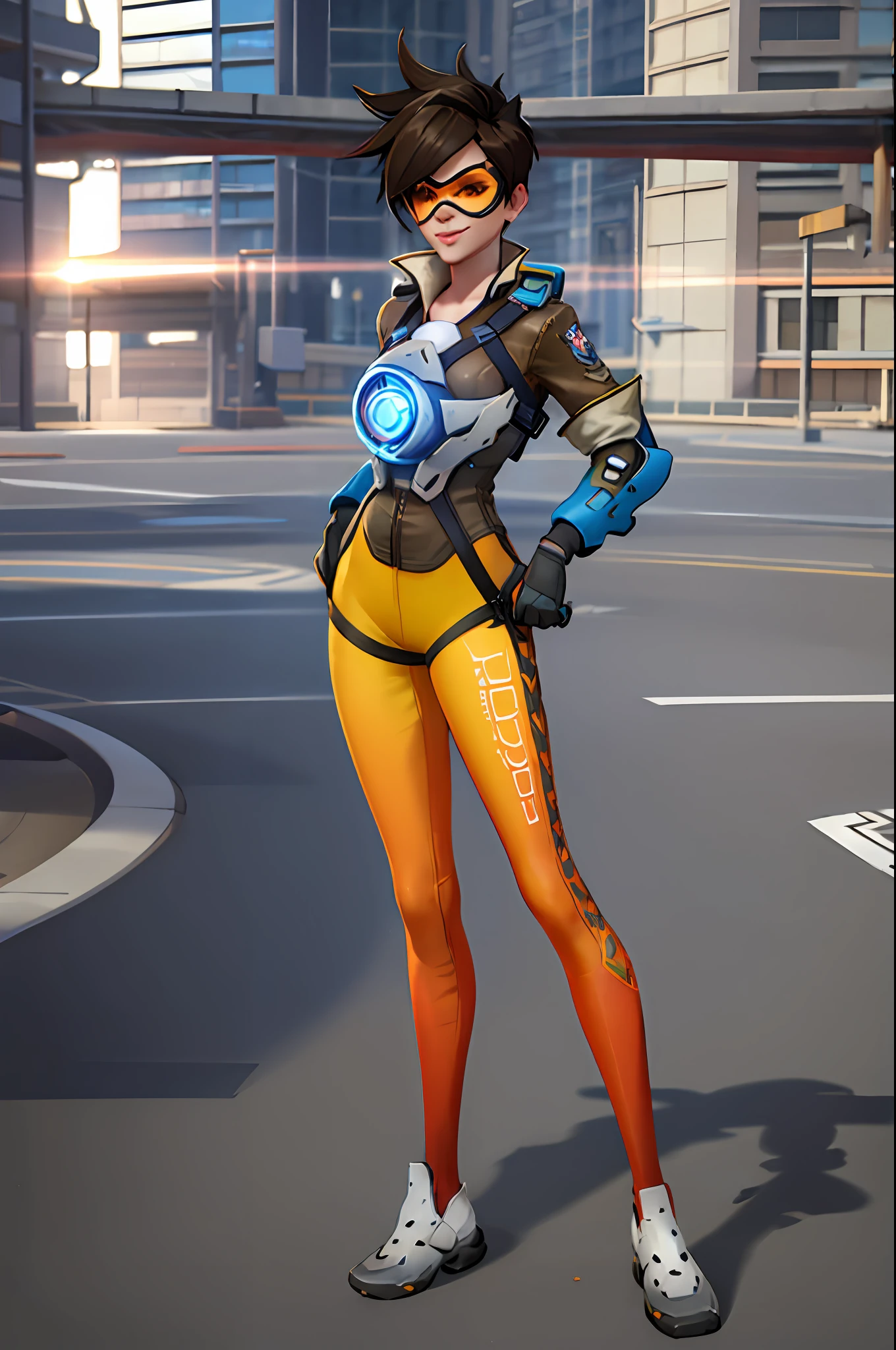 tracer, Bomber jacket, Chest harness, bodysuit, orange leggins, footwear, Futuristic city, looking at the scenes, Standing, A cheeky smile, sky, sunbeams, Best Quality,