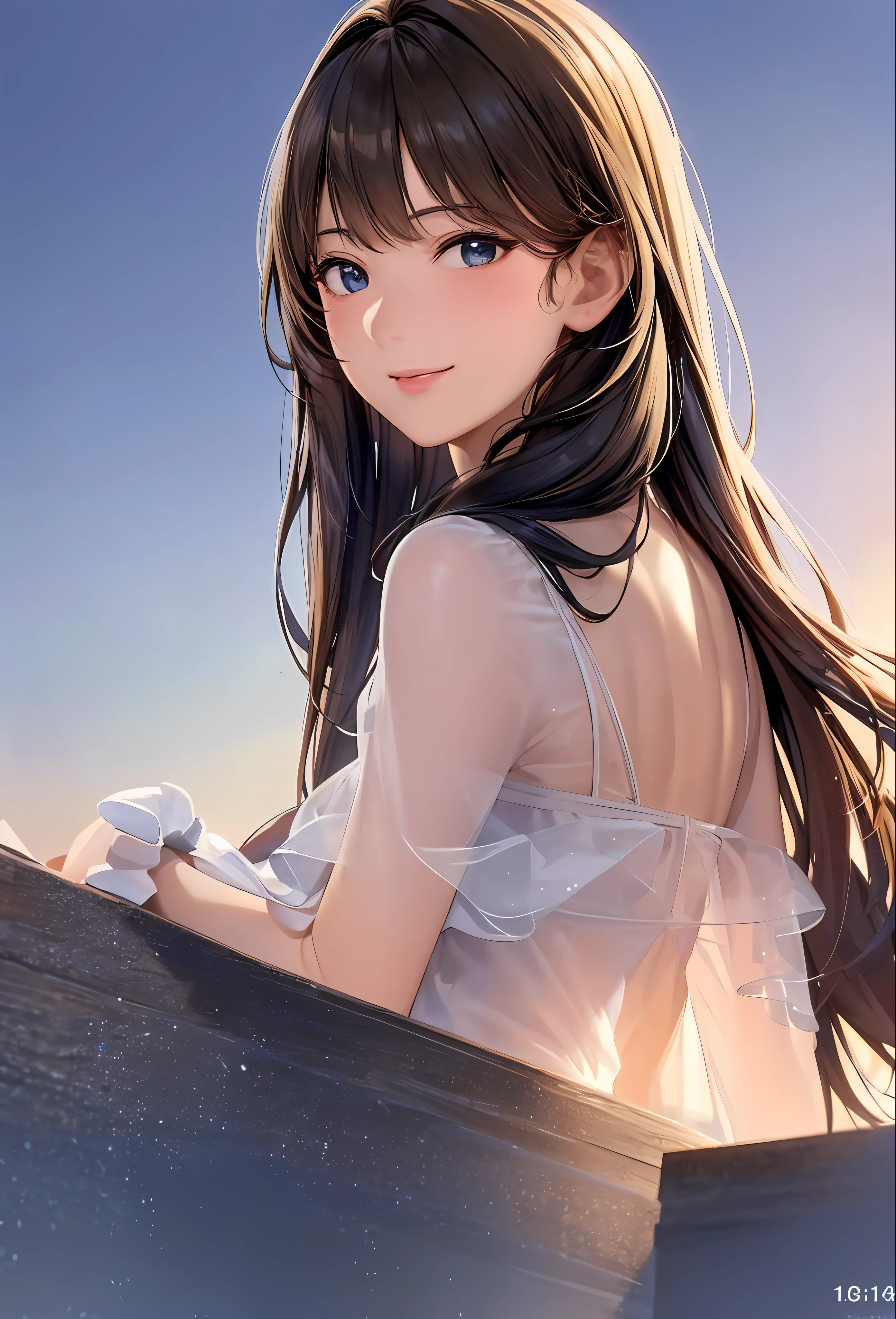 (8k, top quality, masterpiece: 1.2), (realistic, photorealistic: 1.37), super detailed, girl single, cute, solo, midnight, beautiful detailed sky, detailed café, sitting, date, (blush), (smile: 1.15), small breasts (mouth closed), beautiful fine eyes, floating hair NovaFrogStyle, back open dress