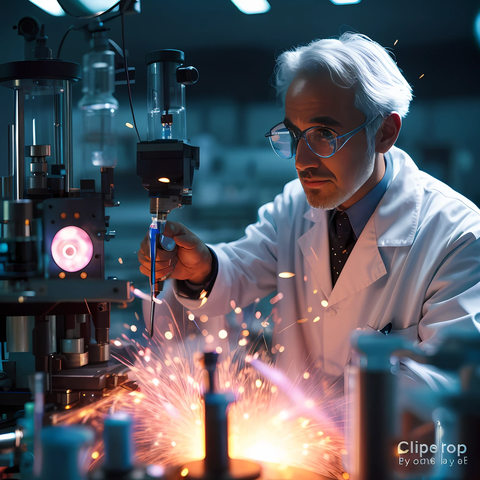 arafed man in lab coat working on a machine with sparks, man in futurist 6 0 ´ s lab, scientist, mad scientist working, in a laboratory, in a lab, electric sparks, elite scientist, microscopy, in laboratory, scientific photo, firing laser, chemistry, he is in a alchemist lab, wearing lab coat and glasses, microscope, well illuminated lab